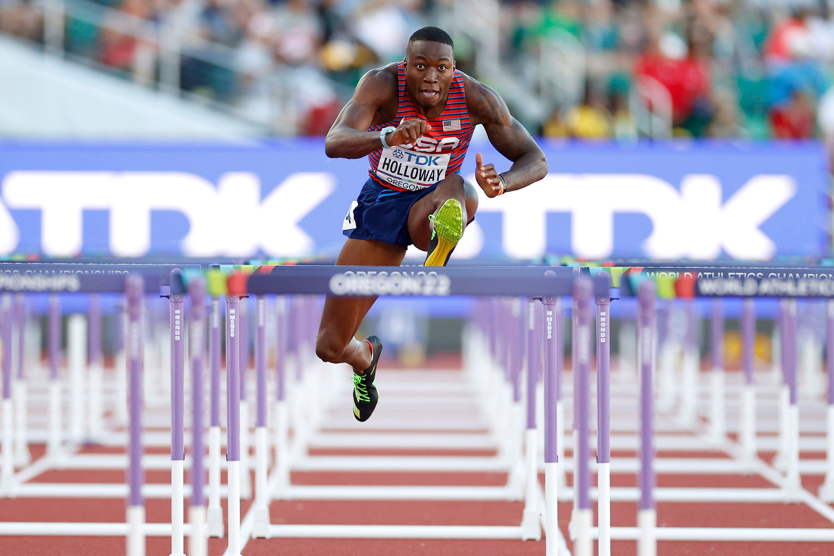 Grant Holloway on his way to the 110m hurdles title at the World Athletics Championships Oregon22