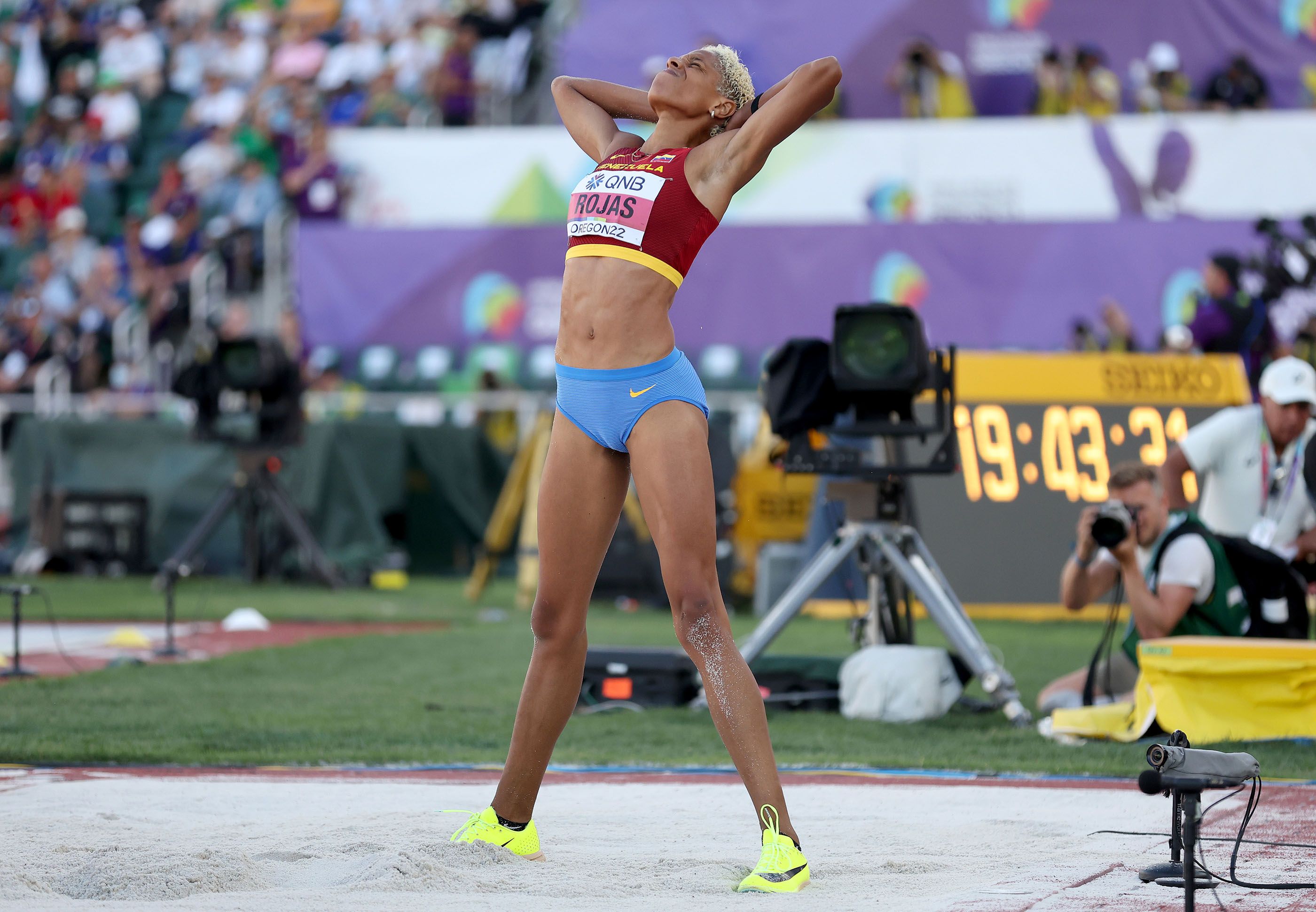 Yulimar Rojas celebrates her triple jump win at the World Athletics Championships Oregon22