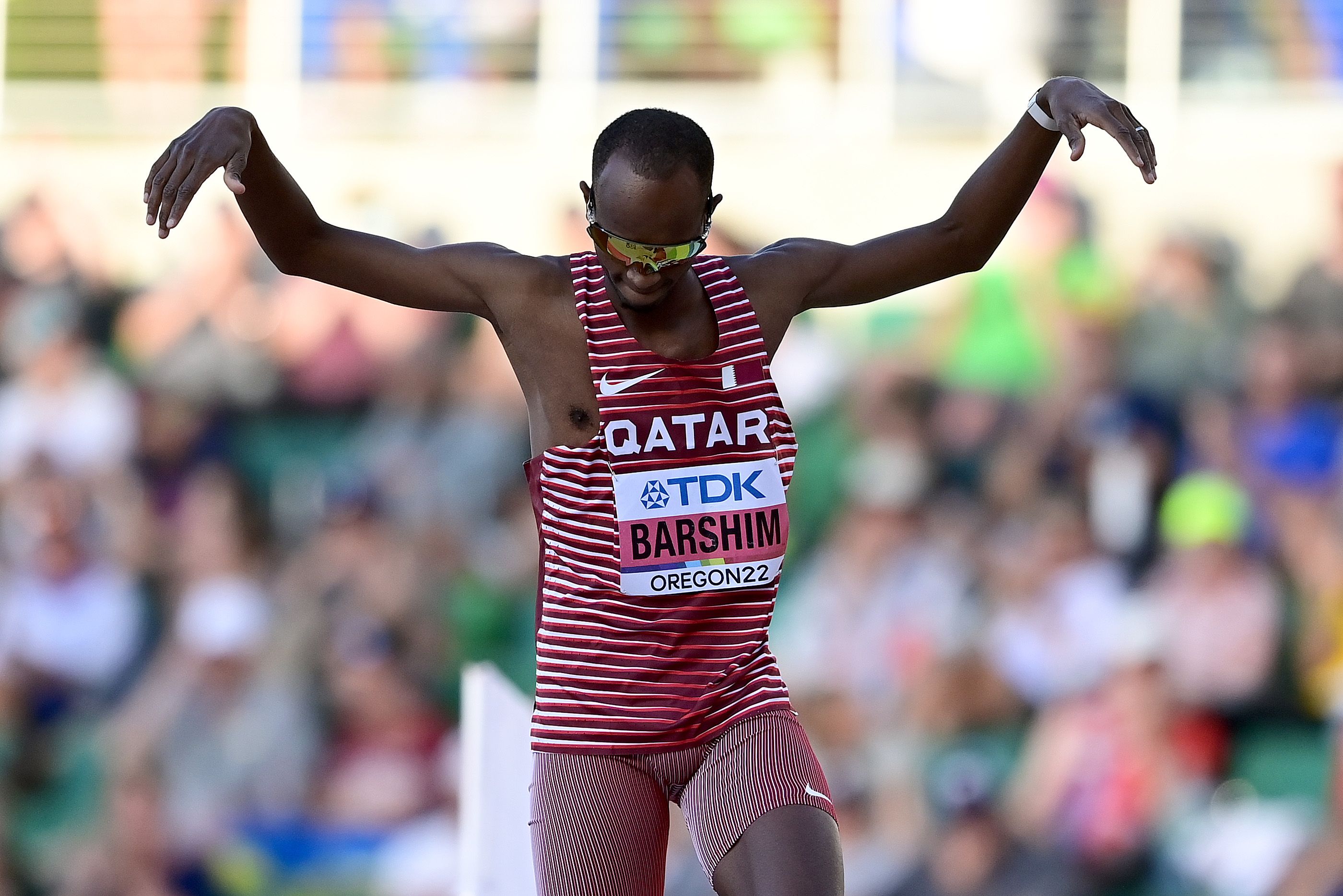 Mutaz Barshim celebrates his win in Oregon