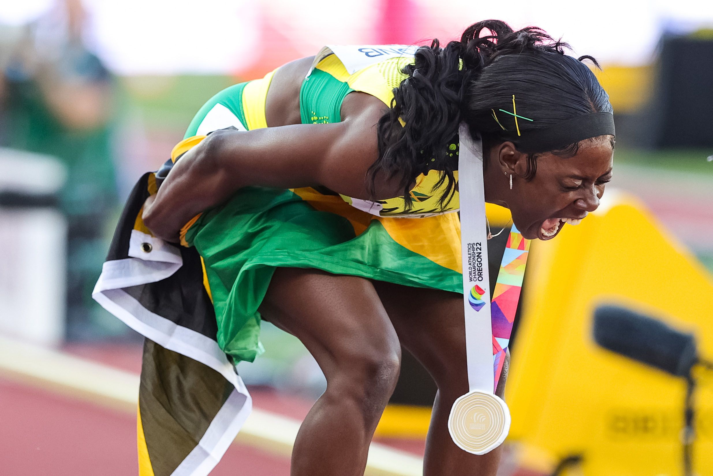 Jamaica's Shericka Jackson celebrates her 200m victory at the World Athletics Championships Oregon22