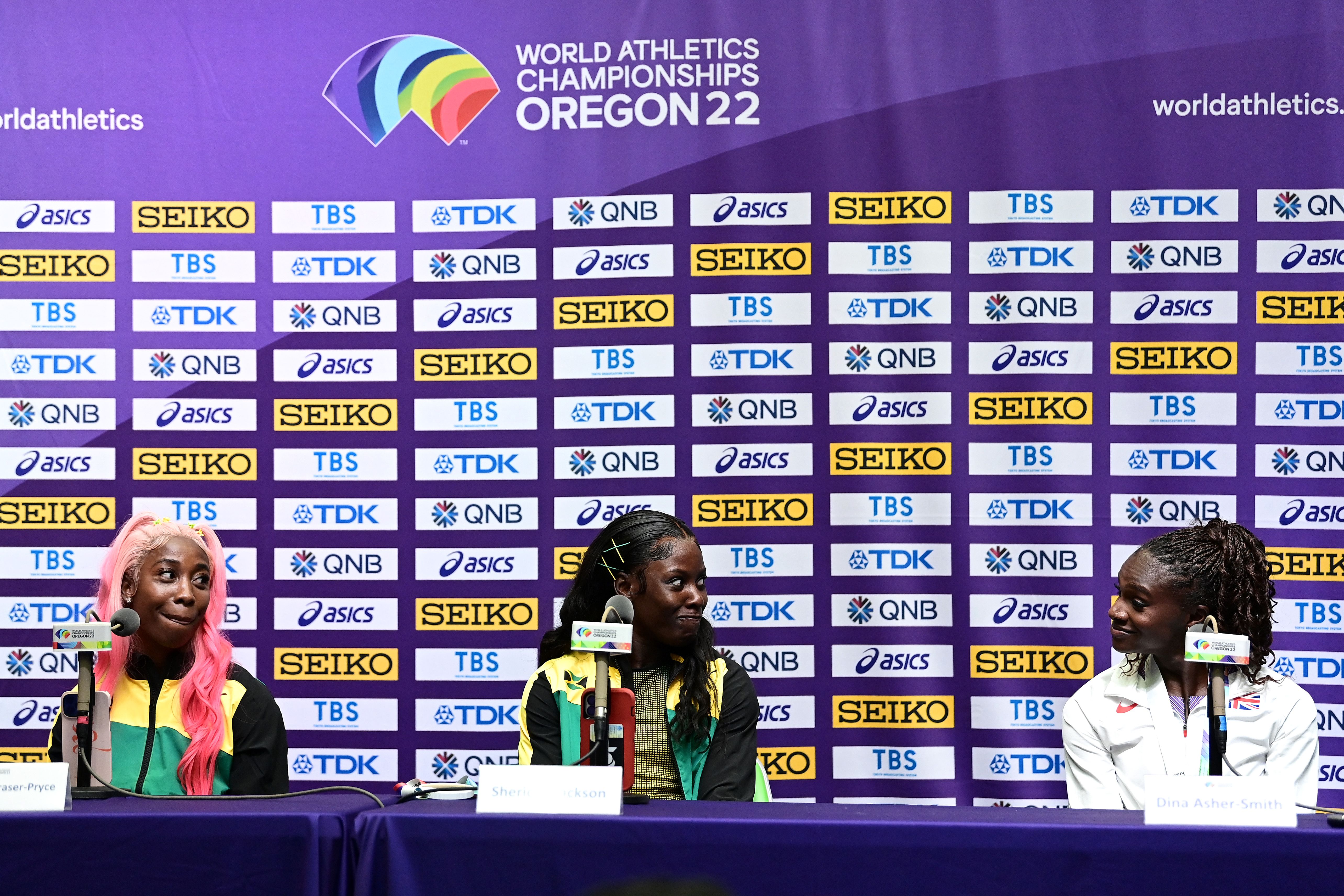 World 200m silver medallist Shelly-Ann Fraser-Pryce, champion Shericka Jackson and bronze medallist Dina Asher-Smith