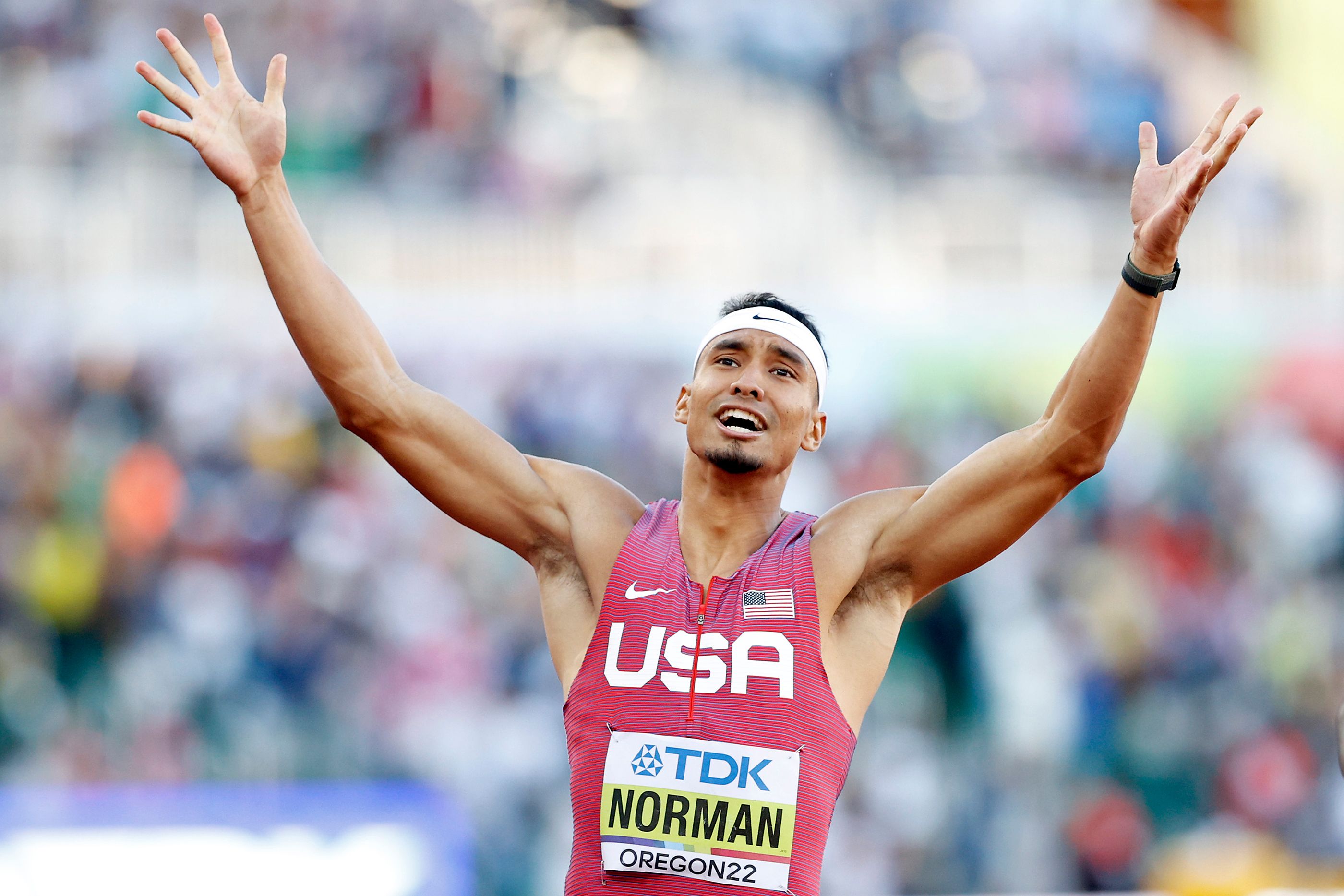 Michael Norman celebrates his 400m win at the World Athletics Championships Oregon22