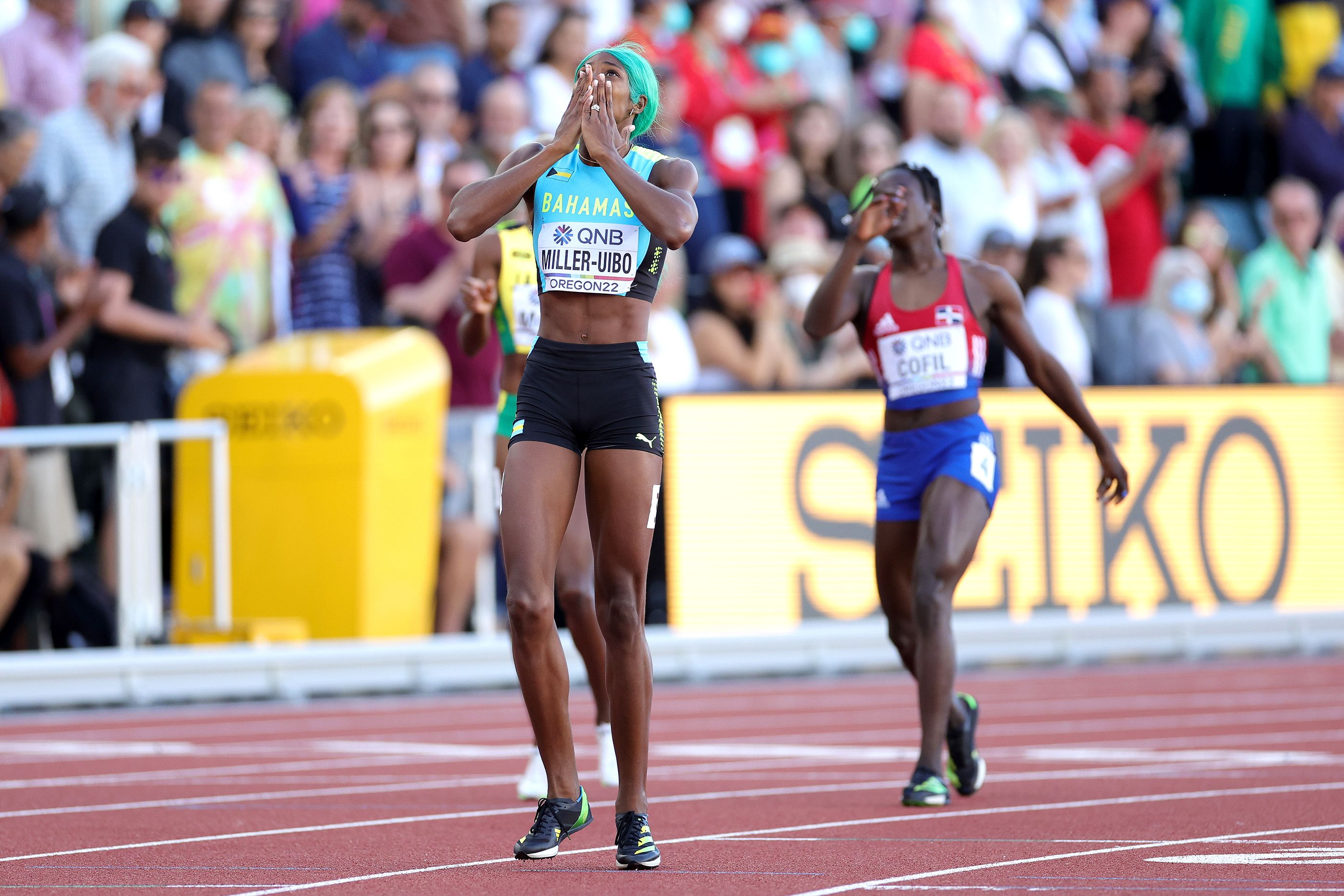 Shaunae Miller-Uibo reacts to her world 400m win in Oregon