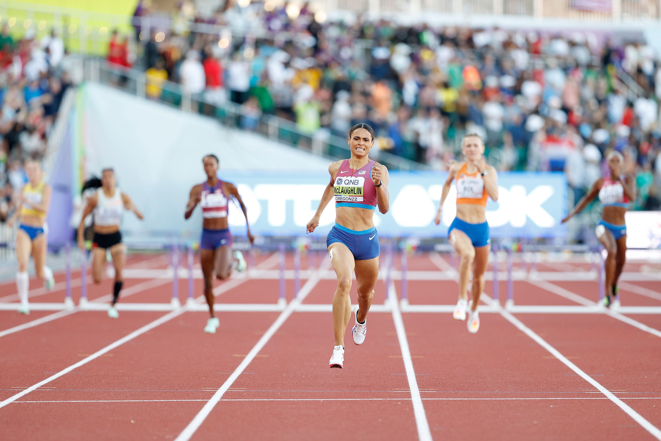 Sydney McLaughlin on her way to a world 400m hurdles record at the World Athletics Championships Oregon22