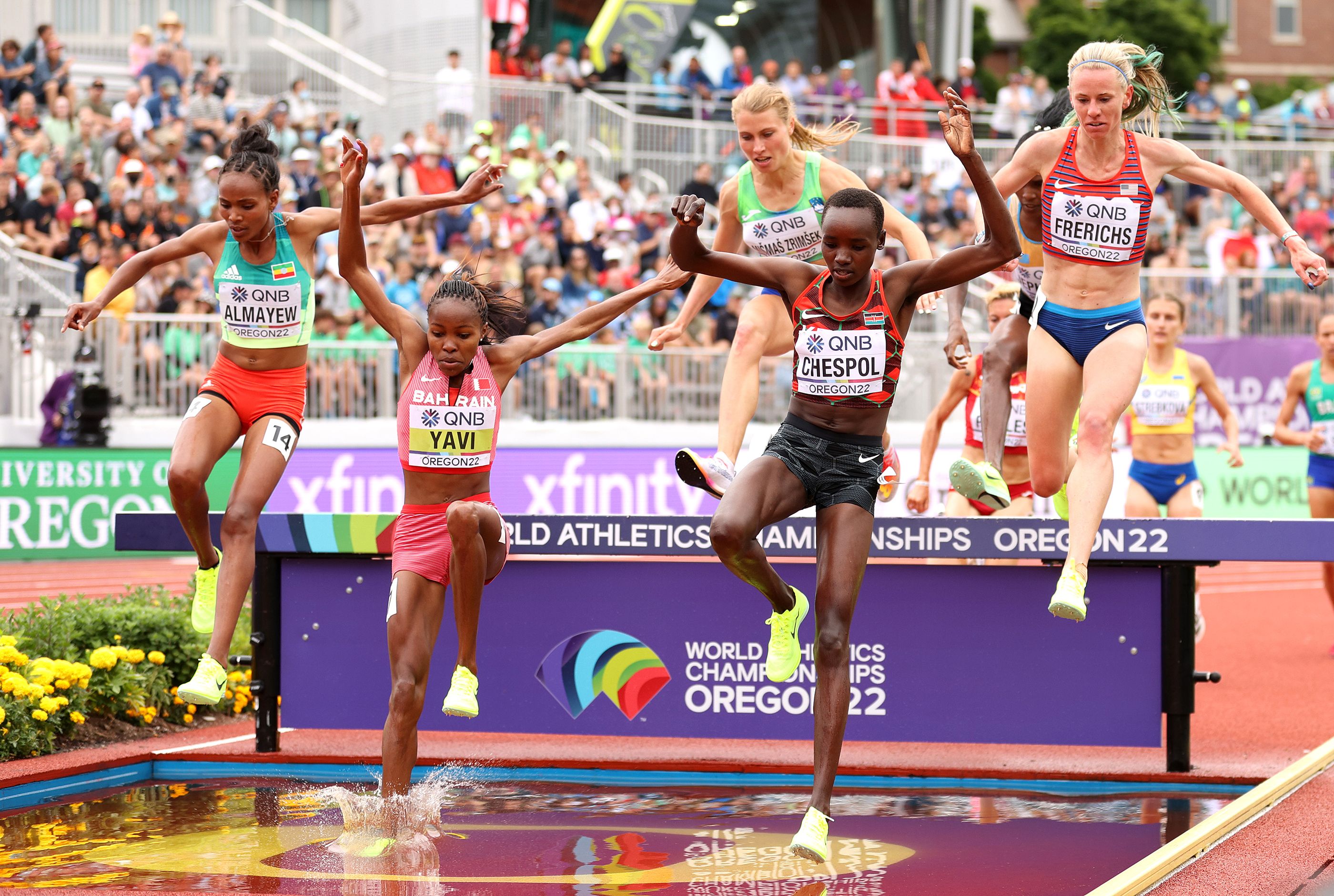 Sembo Almayew competes in the 3000m steeplechase heats at the World Athletics Championships Oregon22