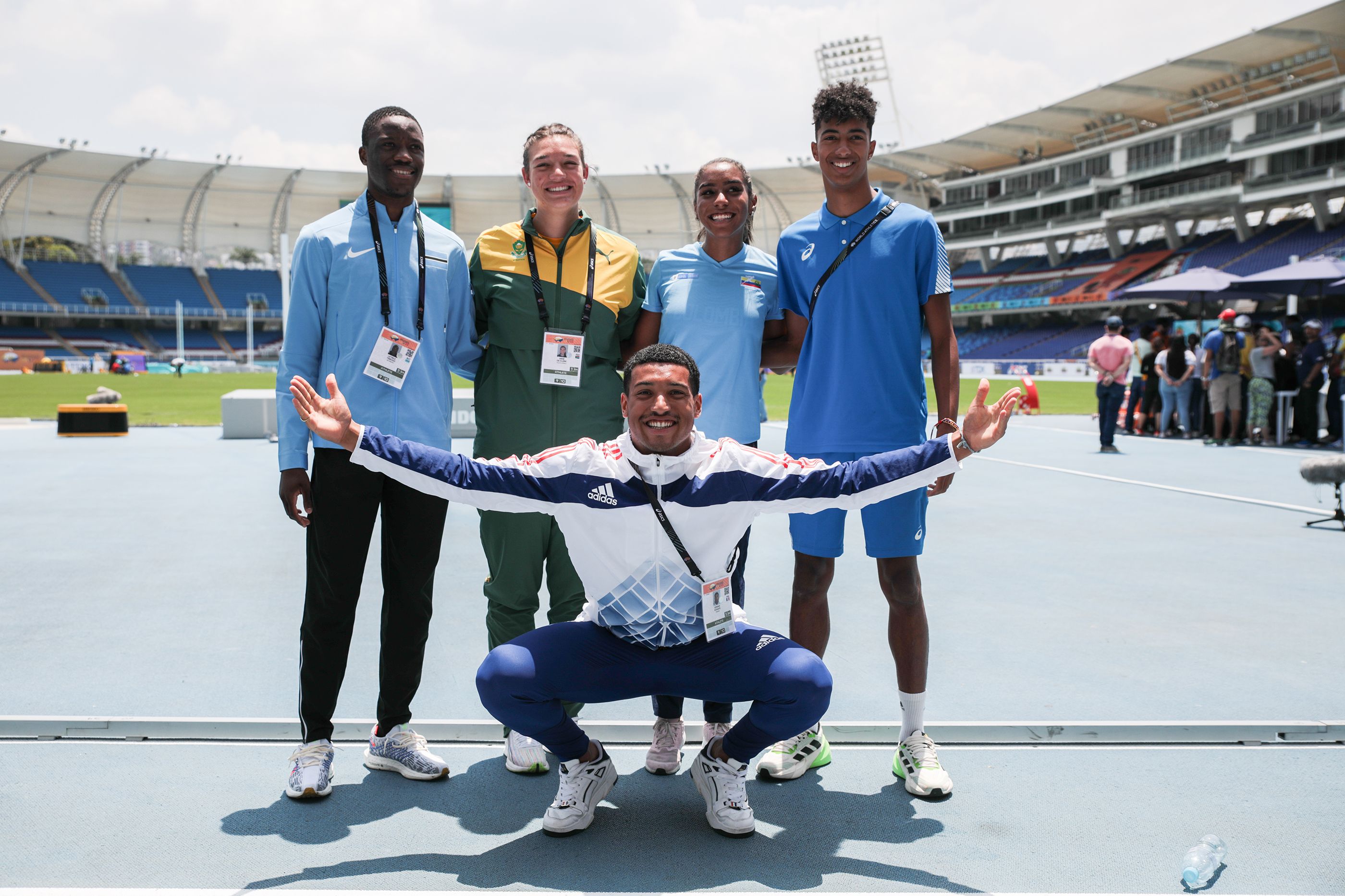 Letsile Tebogo, Mine de Klerk, Natalia Linares, Mattia Furlani and Erwan Konate get ready for competition in Cali