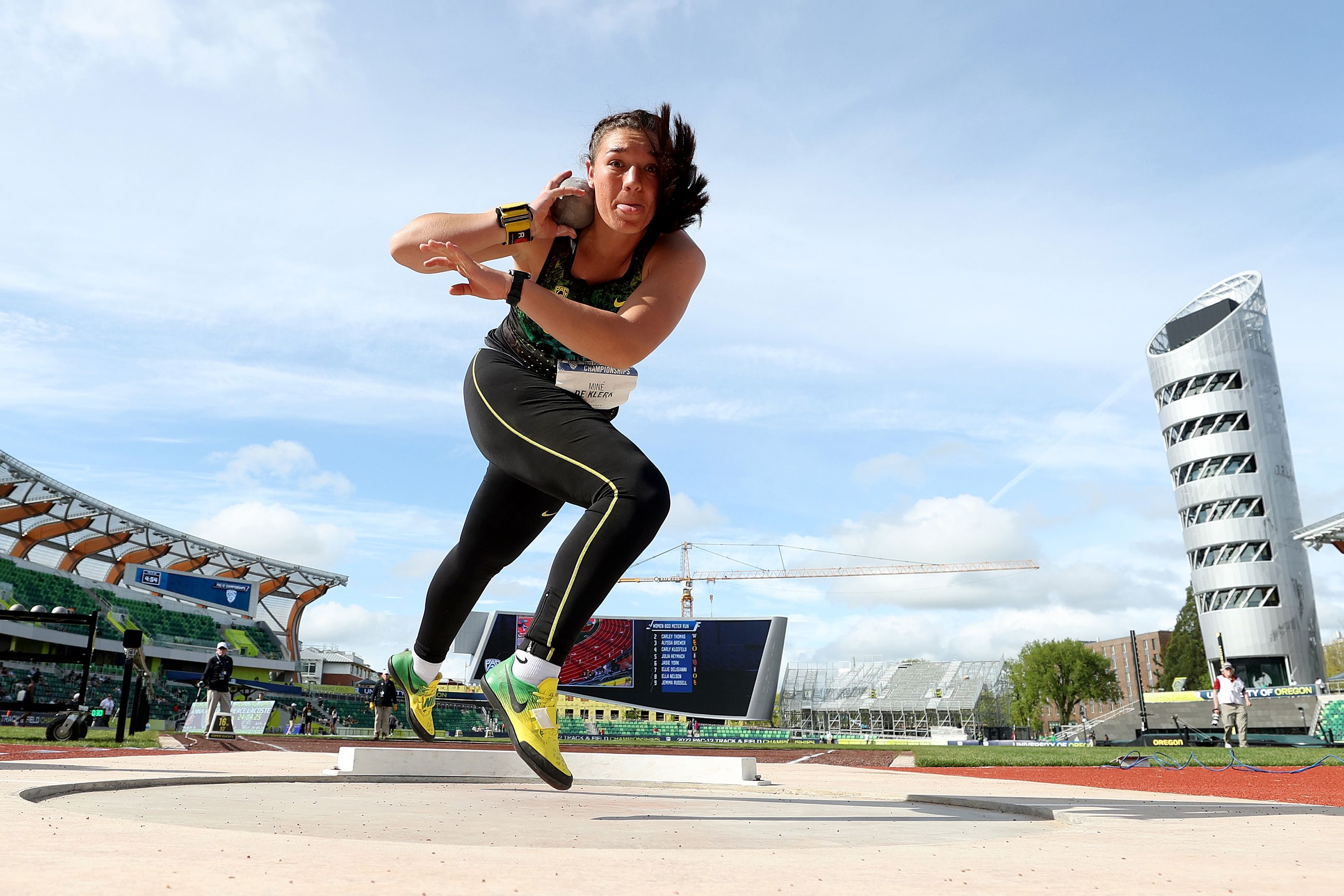 Mine de Klerk competes in the shot put final during the Pac-12 Championships at Hayward Field