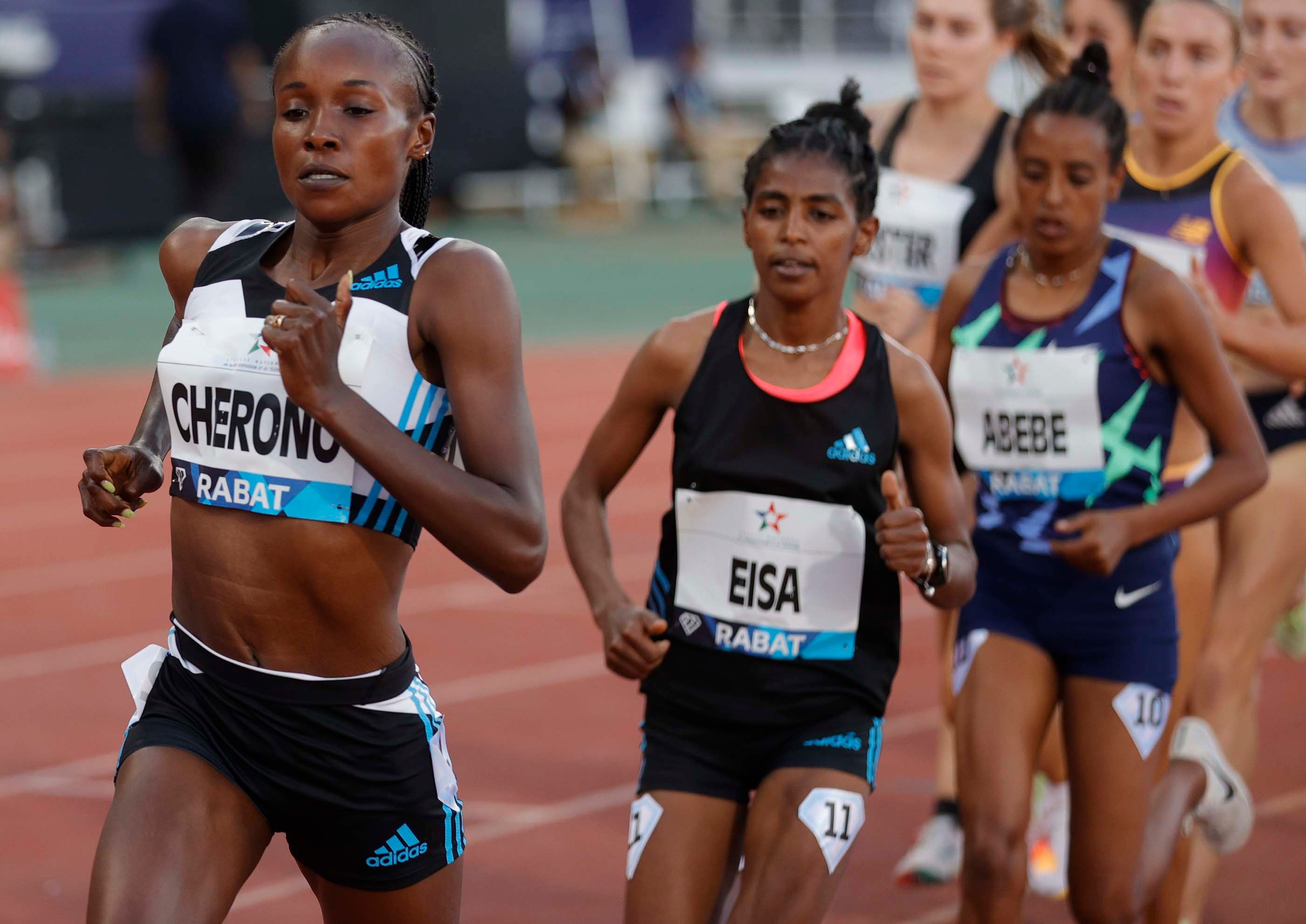 Tsiyon Abebe races behind Mercy Cherono and Medina Eisa in the 3000m at the Wanda Diamond League in Rabat