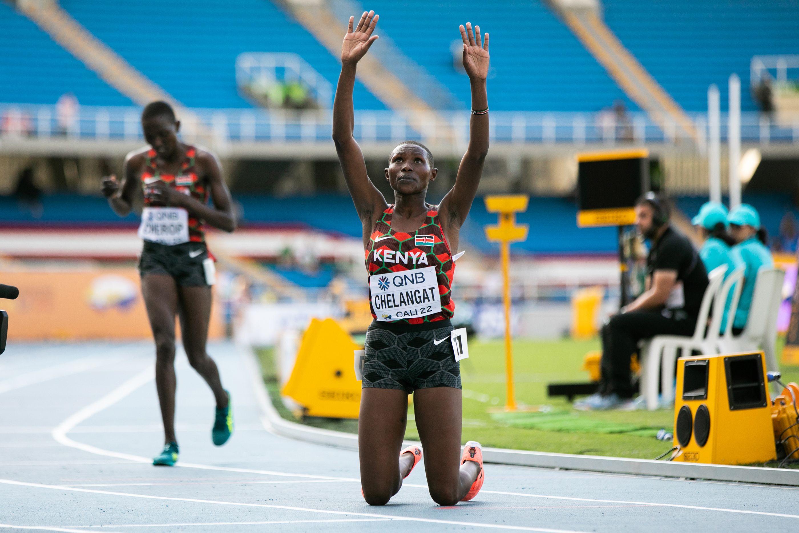 Kenya's Betty Chelangat celebrates her 3000m win at the World Athletics U20 Championships Cali 22