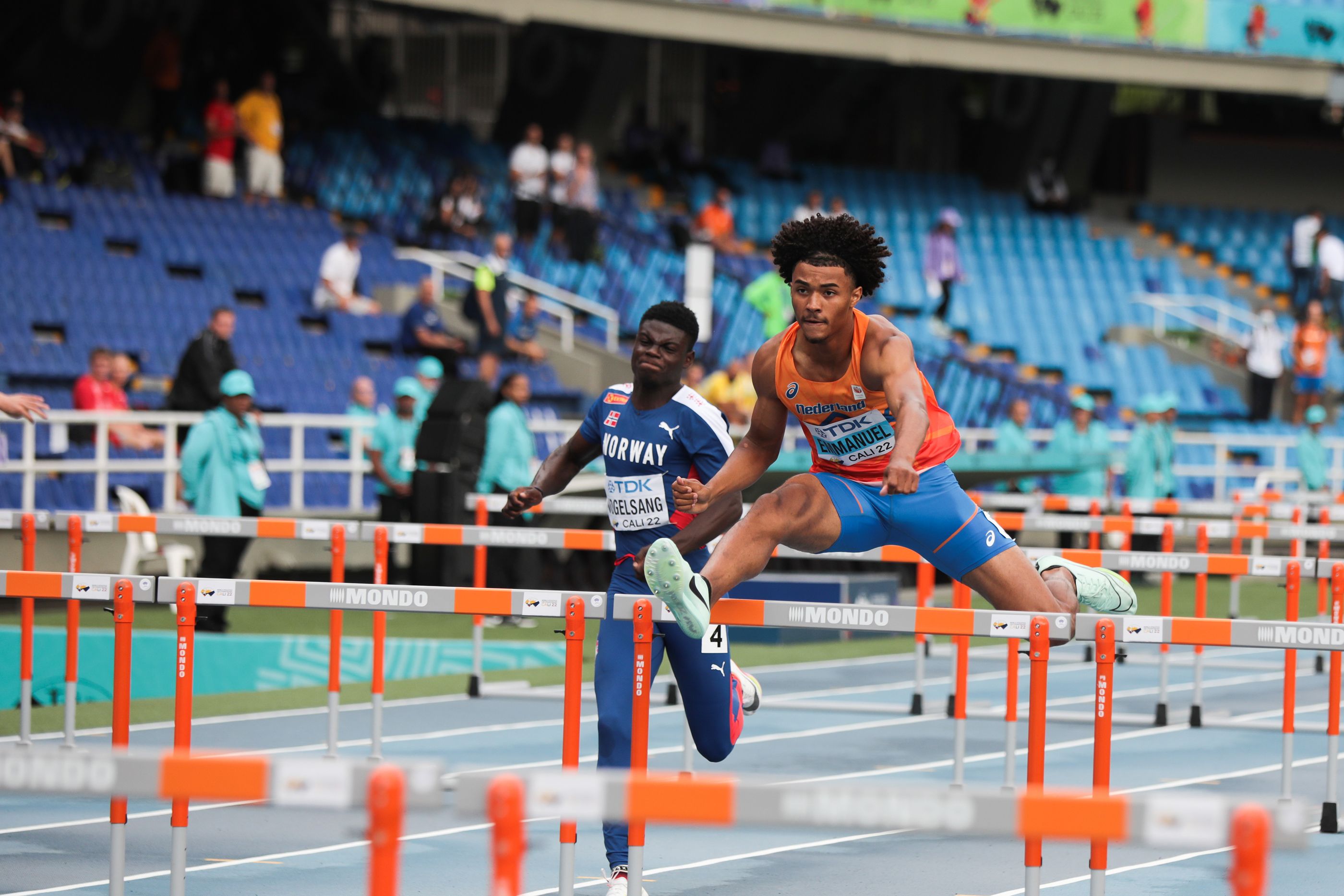 Gabriel Emmanuel in action in the decathlon 110m hurdles in Cali