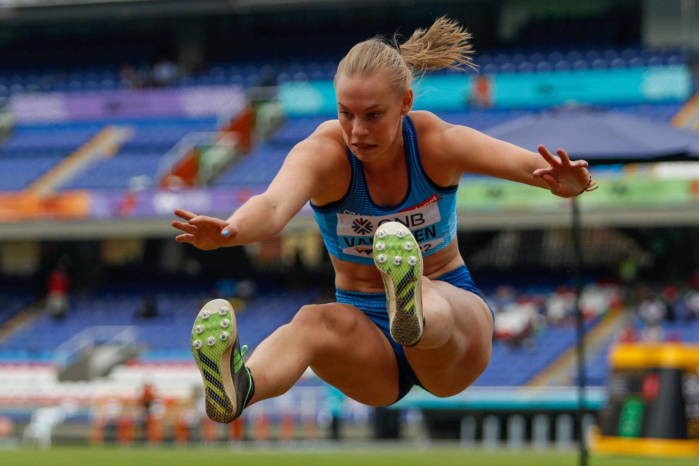 Saga Vanninen in the heptathlon long jump in Cali