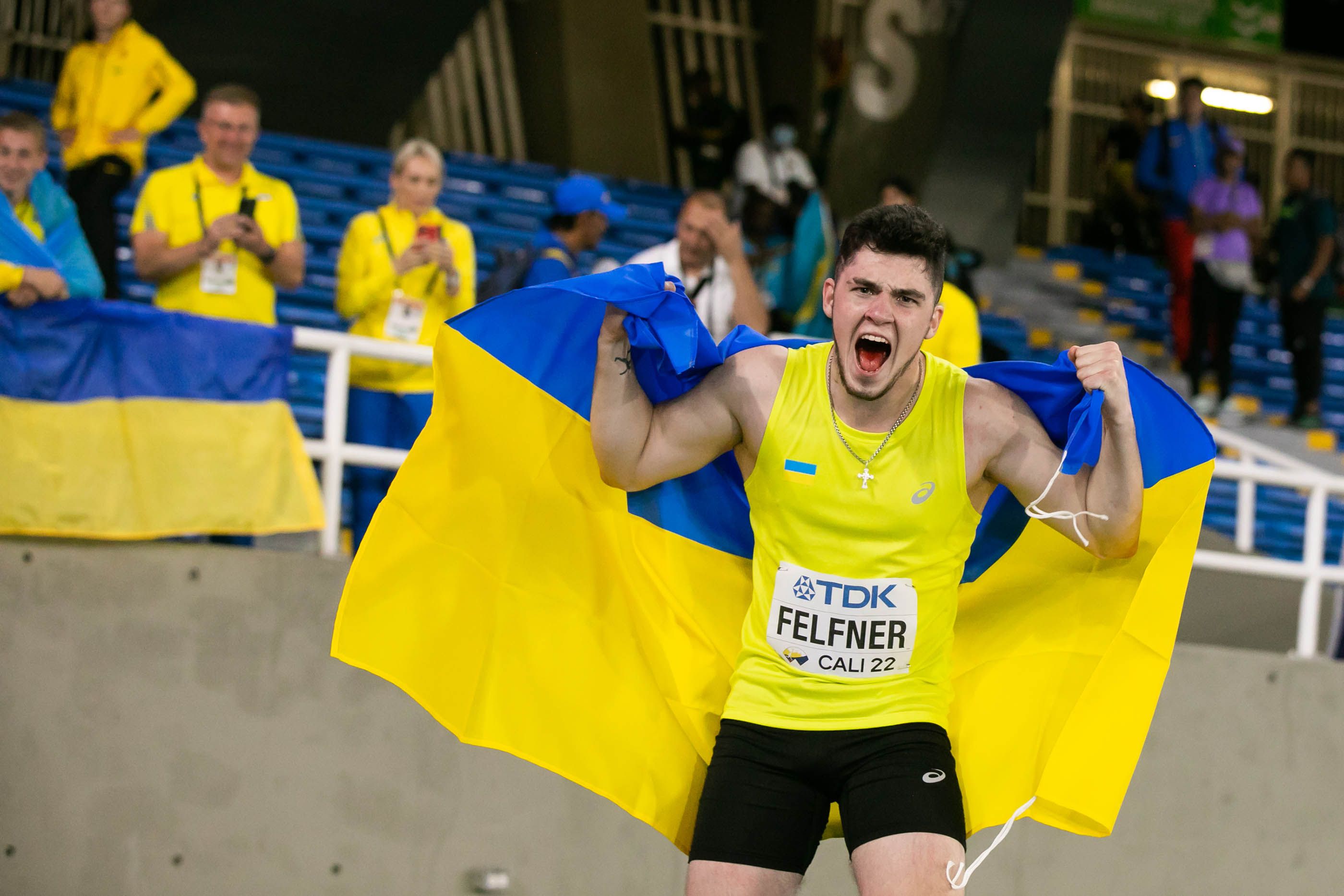 Ukraine's Artur Felfner celebrates his javelin win at the World Athletics U20 Championships Cali 22