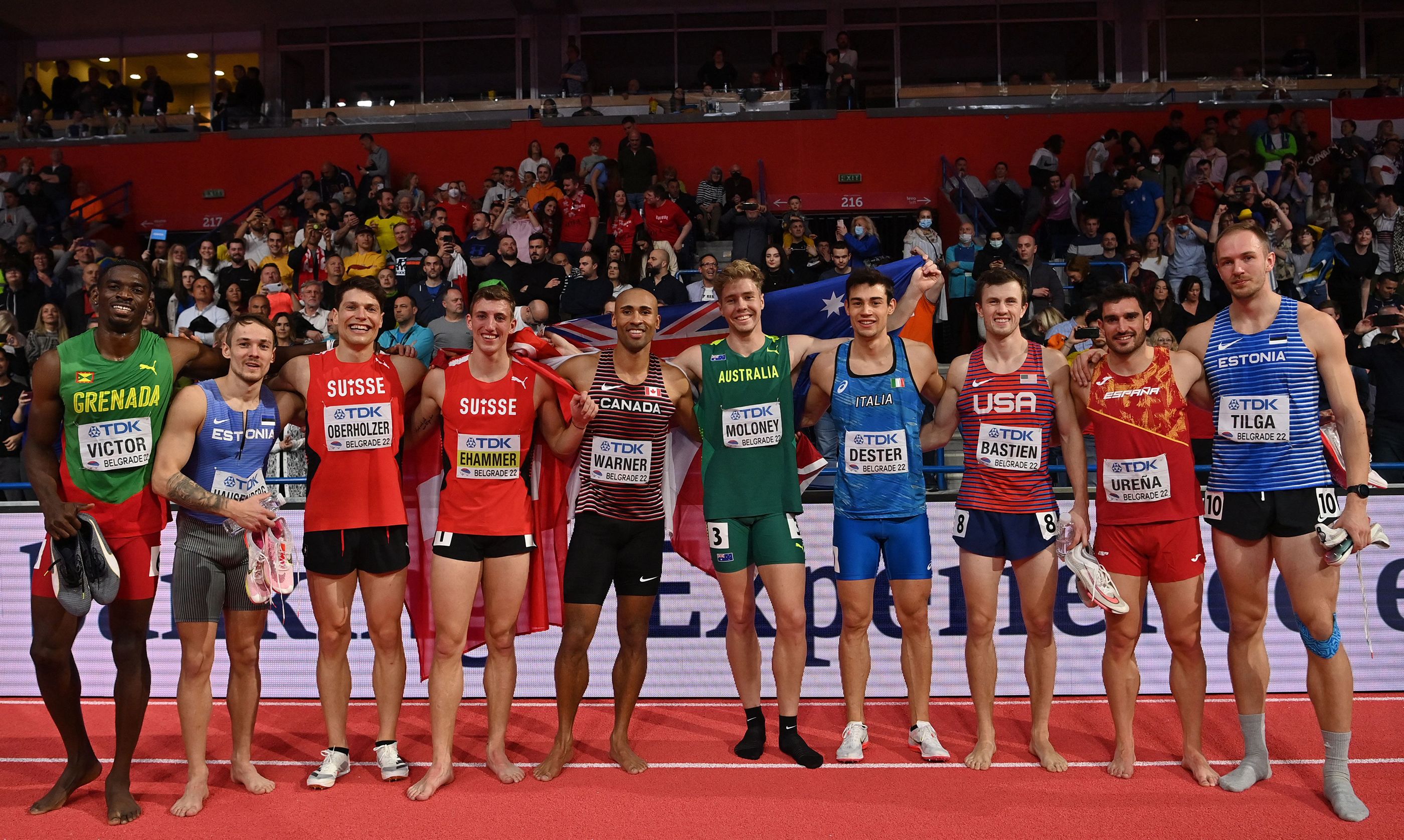 Silver medallist Simon Ehammer and his fellow combined events athletes at the World Indoor Championships in Belgrade