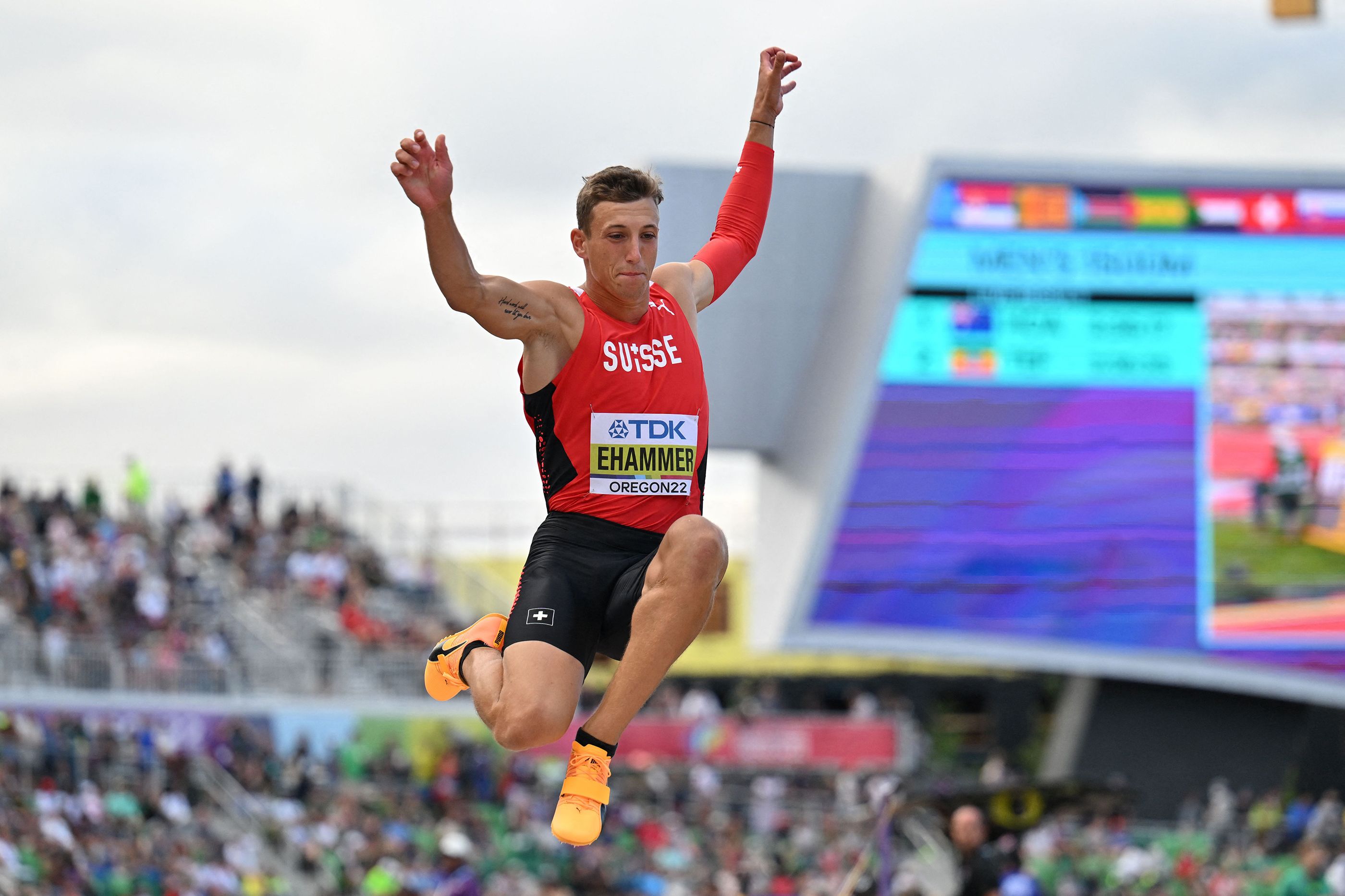 Simon Ehammer in long jump action at the World Athletics Championships Oregon22