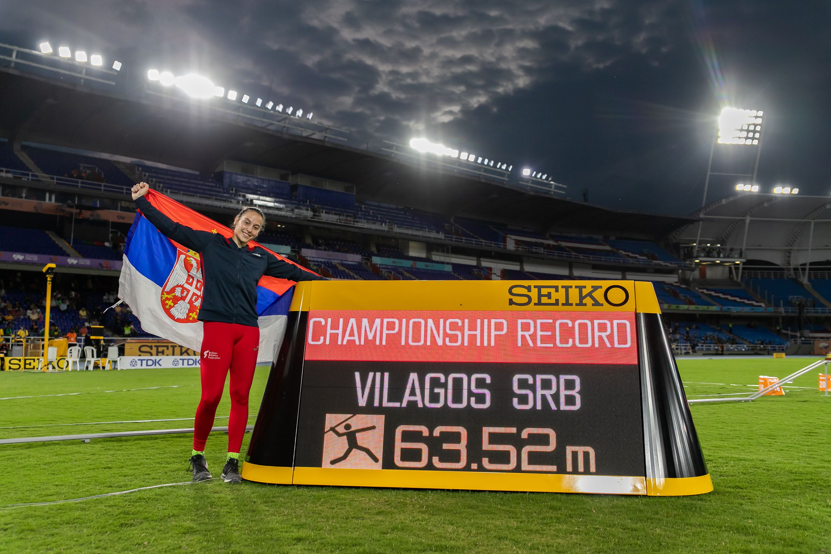 Adriana Vilagos celebrates her javelin championship record at the World Athletics U20 Championships Cali 22