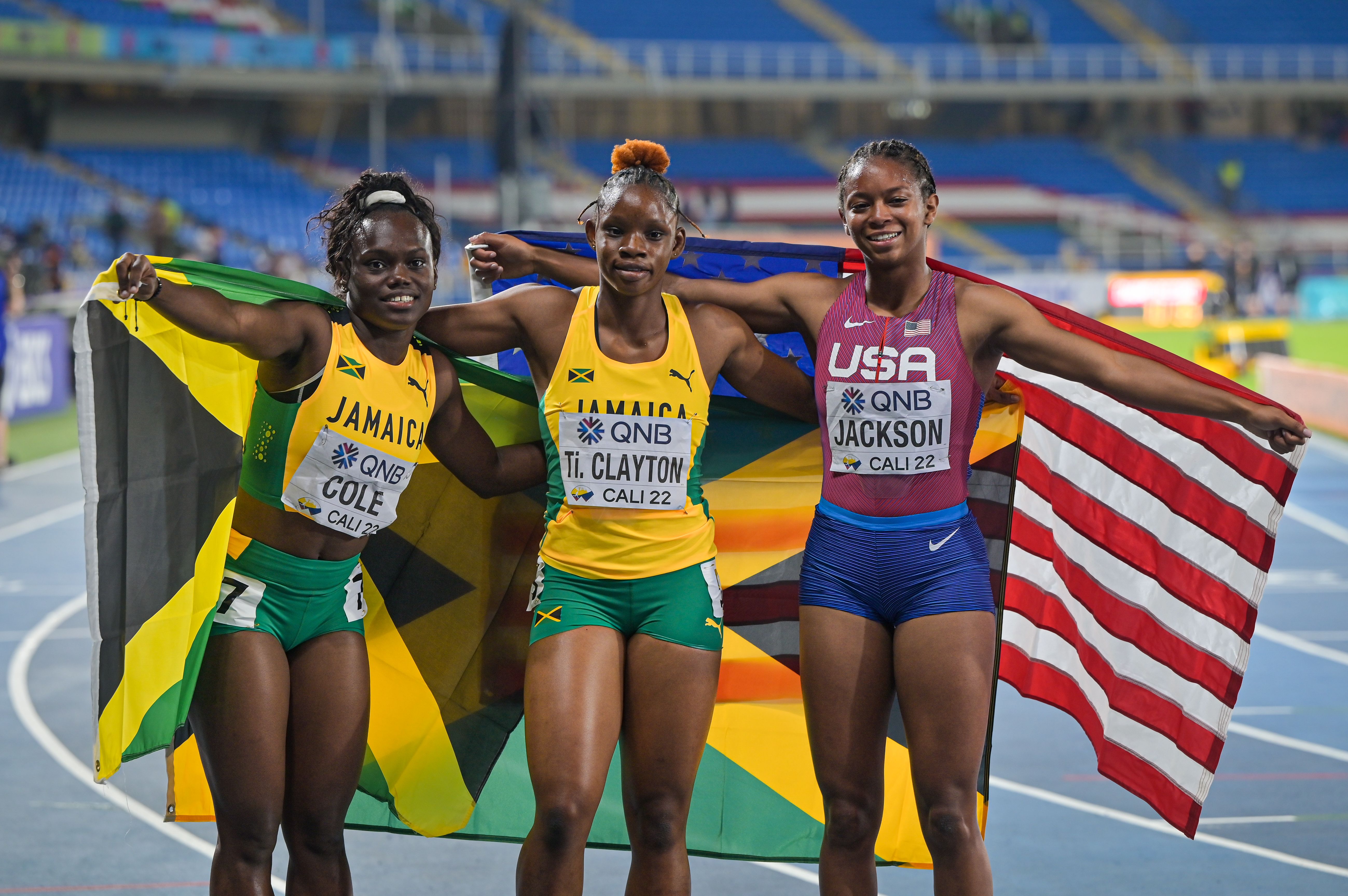 The women's 100m medallists at the World Athletics U20 Championships Cali 22