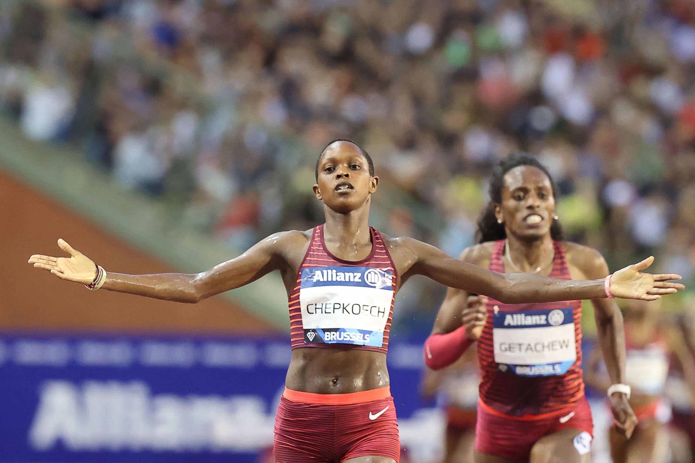 Jackline Chepkoech wins the 3000m steeplechase at the Wanda Diamond League meeting in Brussels