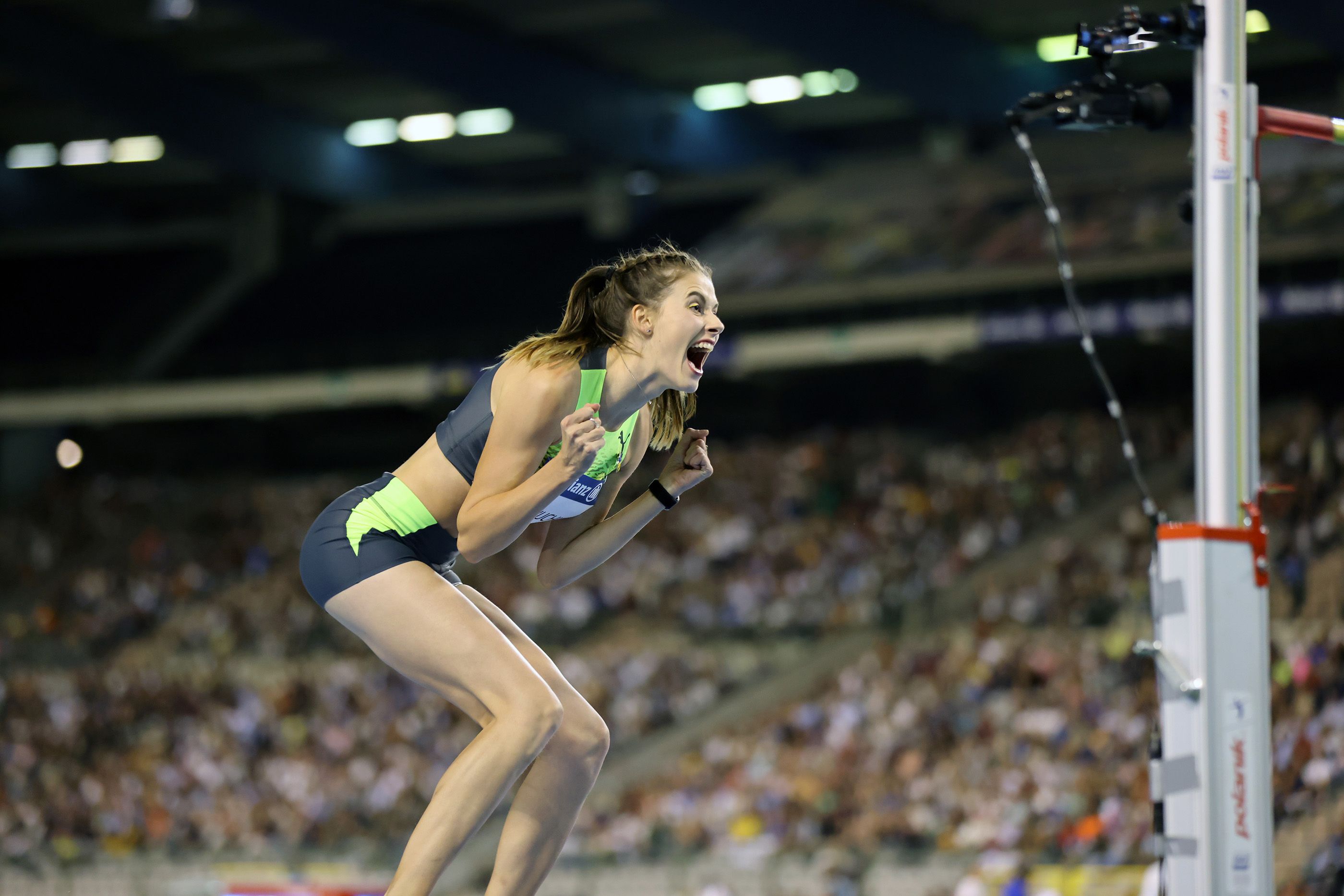 Yaroslava Mahuchikh celebrates her high jump performance at the Wanda Diamond League meeting in Brussels