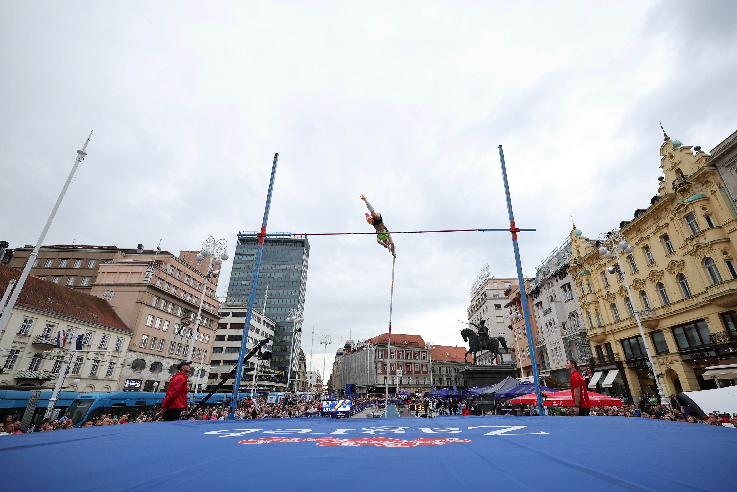 Tina Sutej competes in the city centre pole vault at the World Athletics Continental Tour Gold meeting in Zagreb