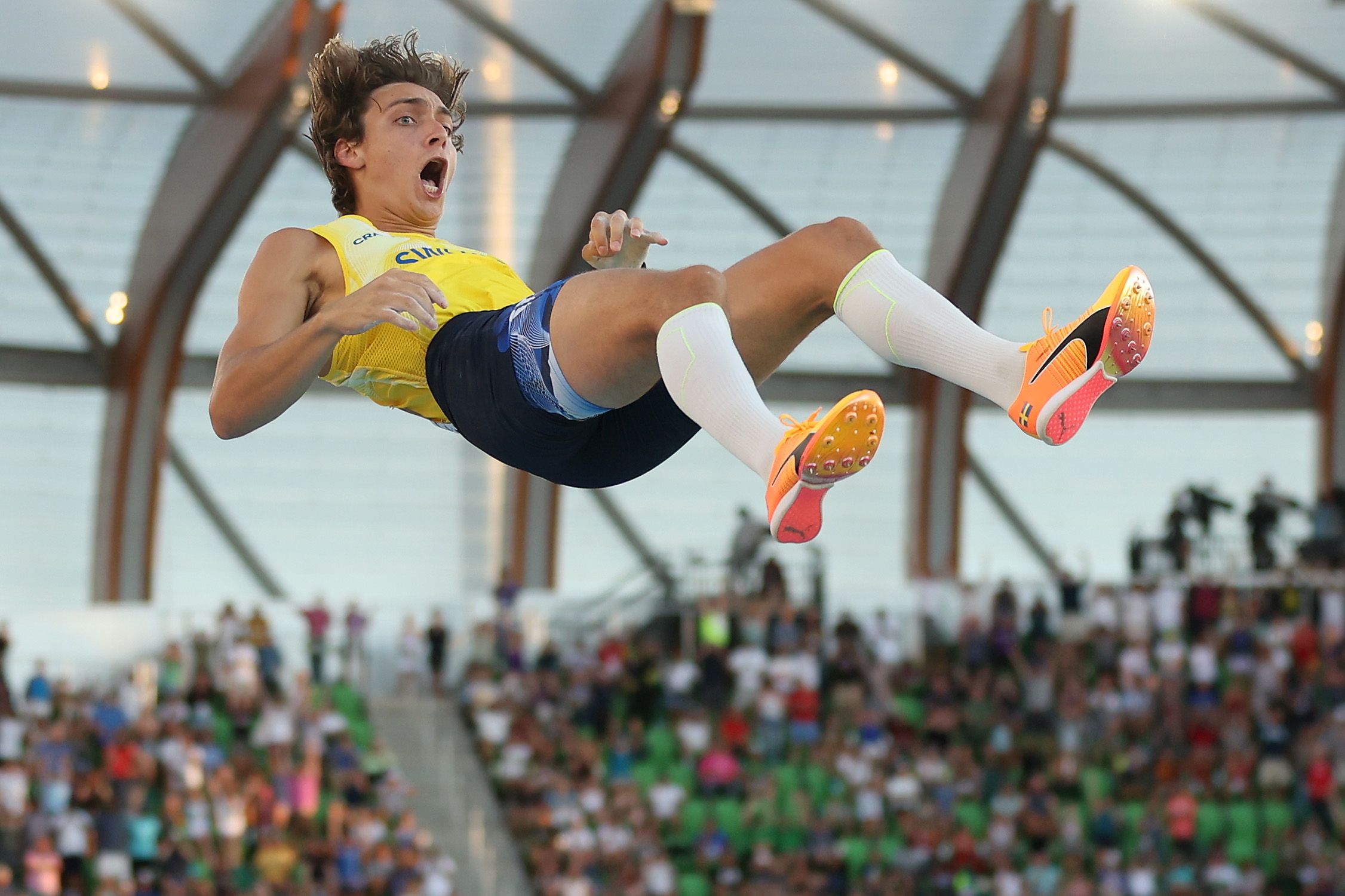 Mondo Duplantis reacts after breaking the world pole vault record at the World Athletics Championships Oregon22
