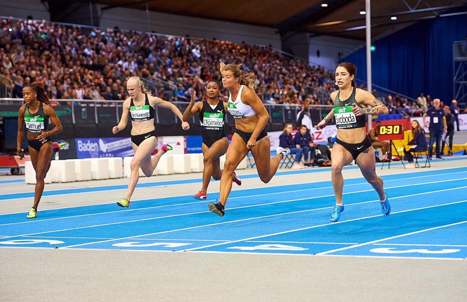 Ewa Swoboda races the 60m at the Init Indoor Meeting in Karlsruhe
