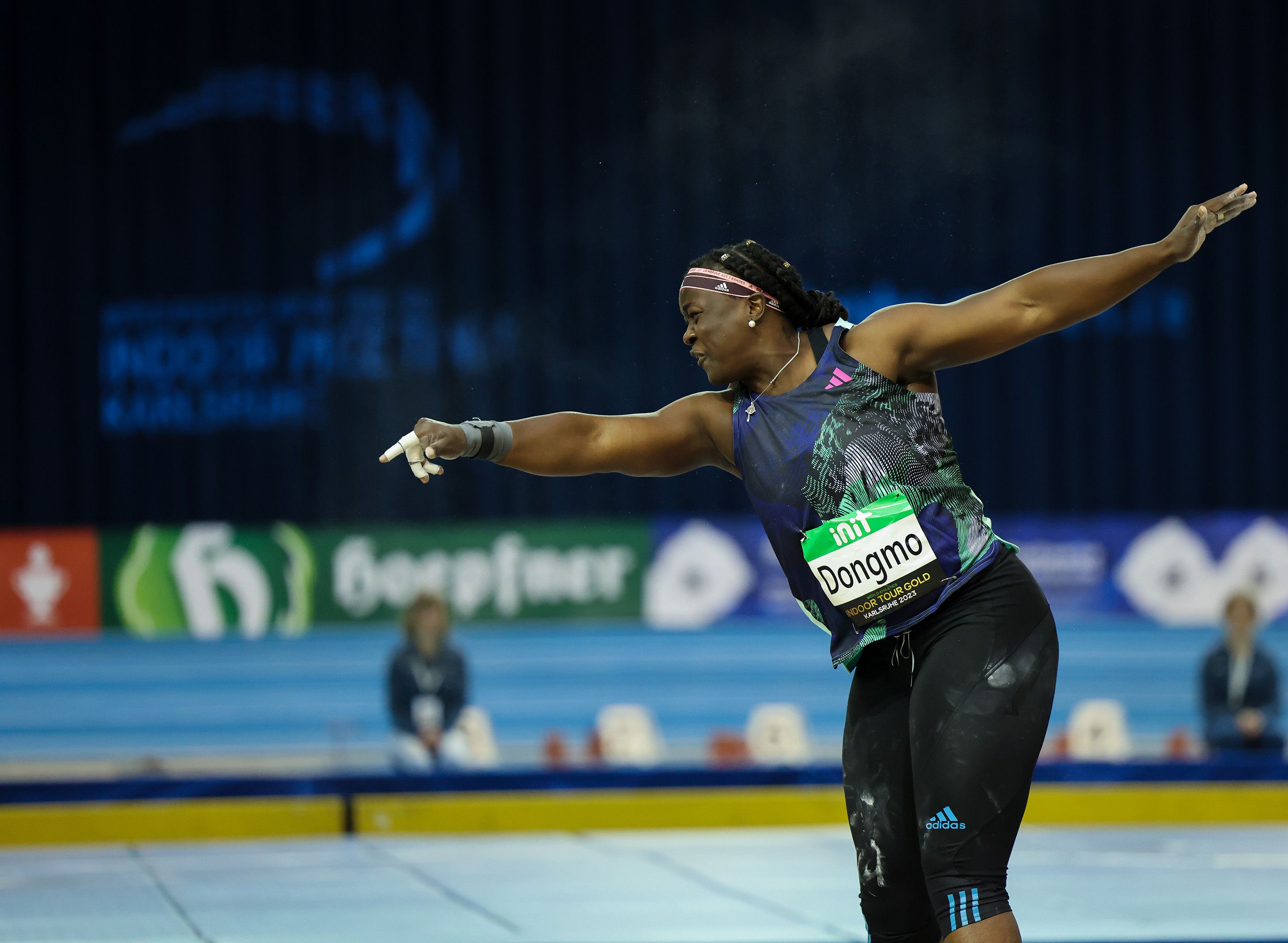 Shot put winner Auriol Dongmo in action at the World Indoor Tour Gold meeting in Karlsruhe
