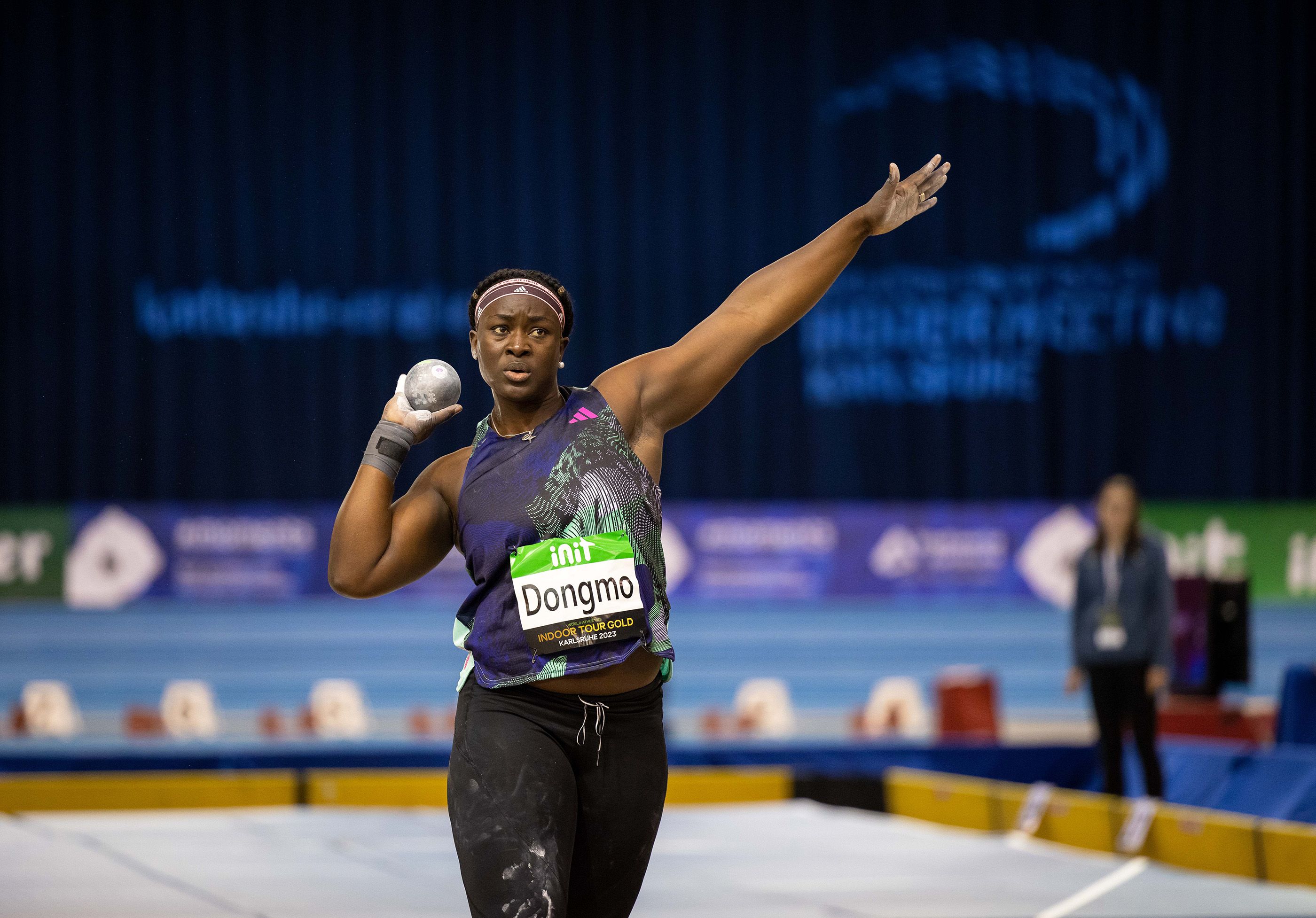 Shot put winner Auriol Dongmo in action at the World Indoor Tour Gold meeting in Karlsruhe