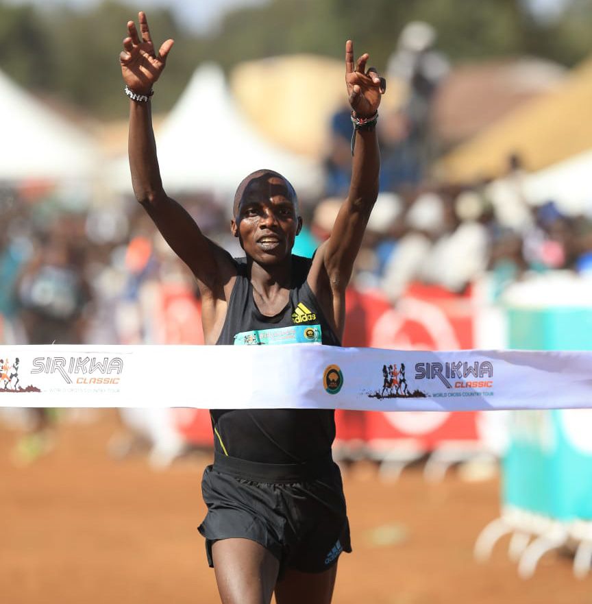 Charles Lokir celebrates his win at the Sirikwa Cross Country Classic
