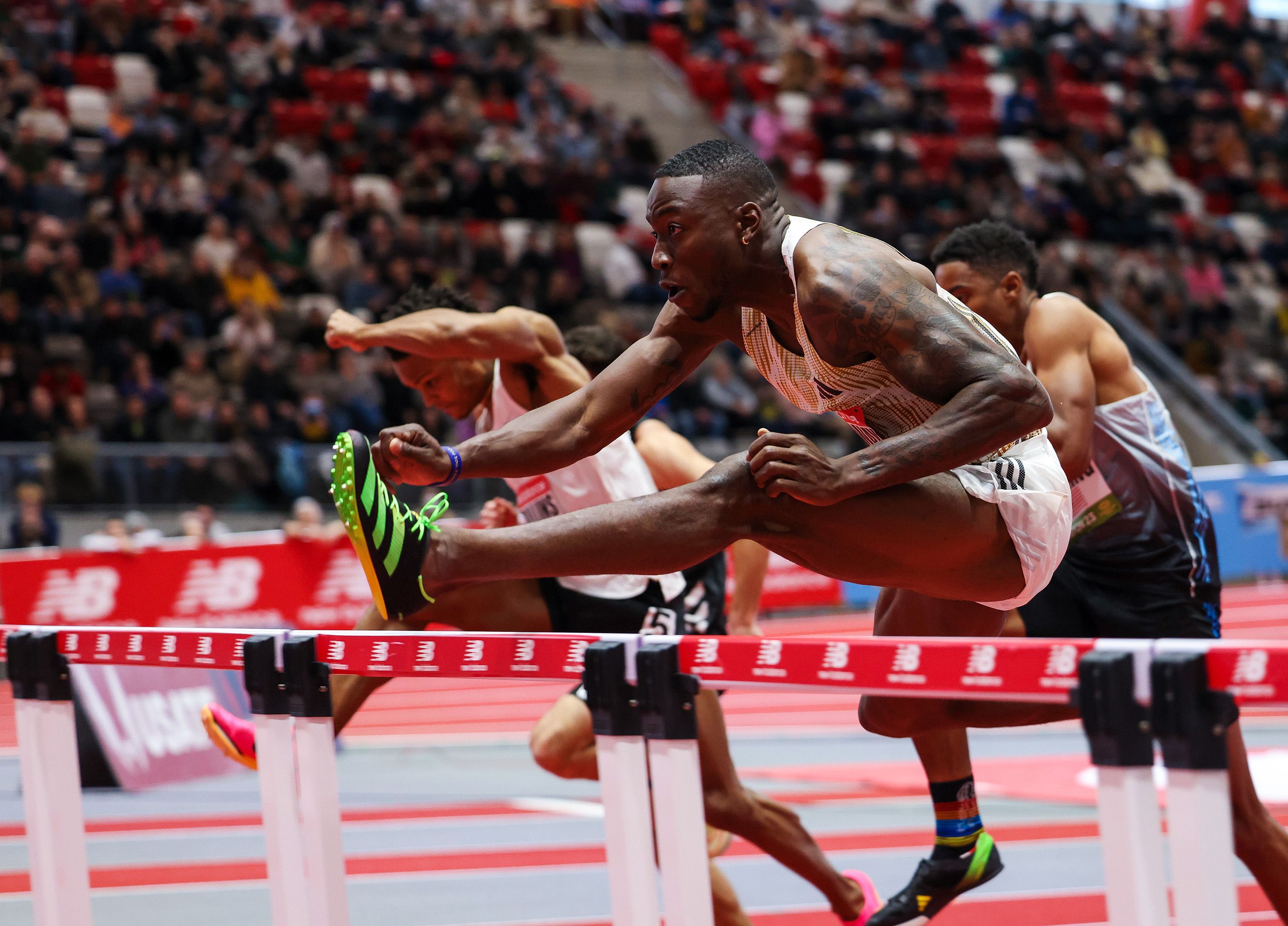 Grant Holloway in action at the New Balance Indoor Grand Prix
