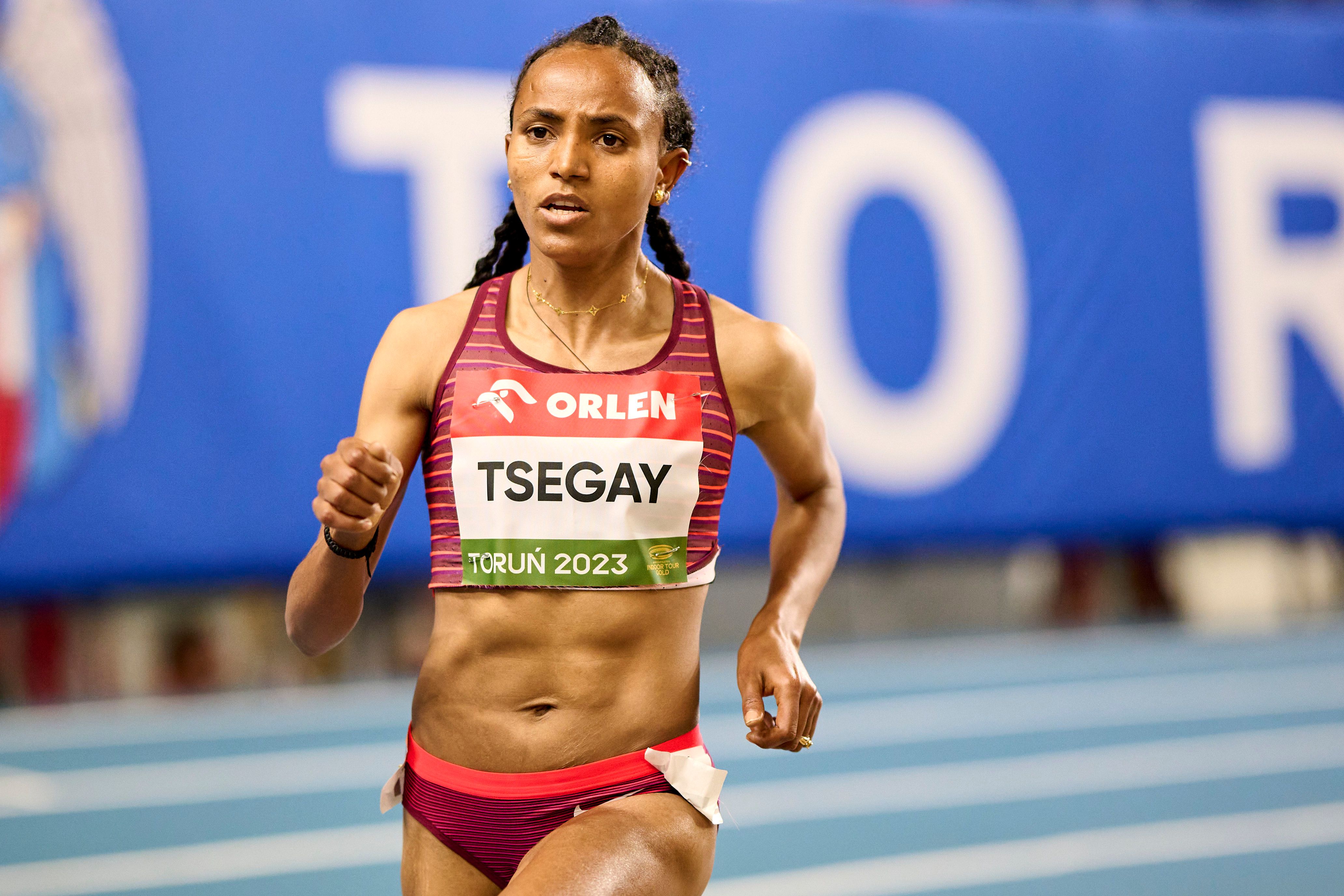 Gudaf Tsegay on her way to a 4:16.16 mile at the World Indoor Tour Gold meeting in Torun
