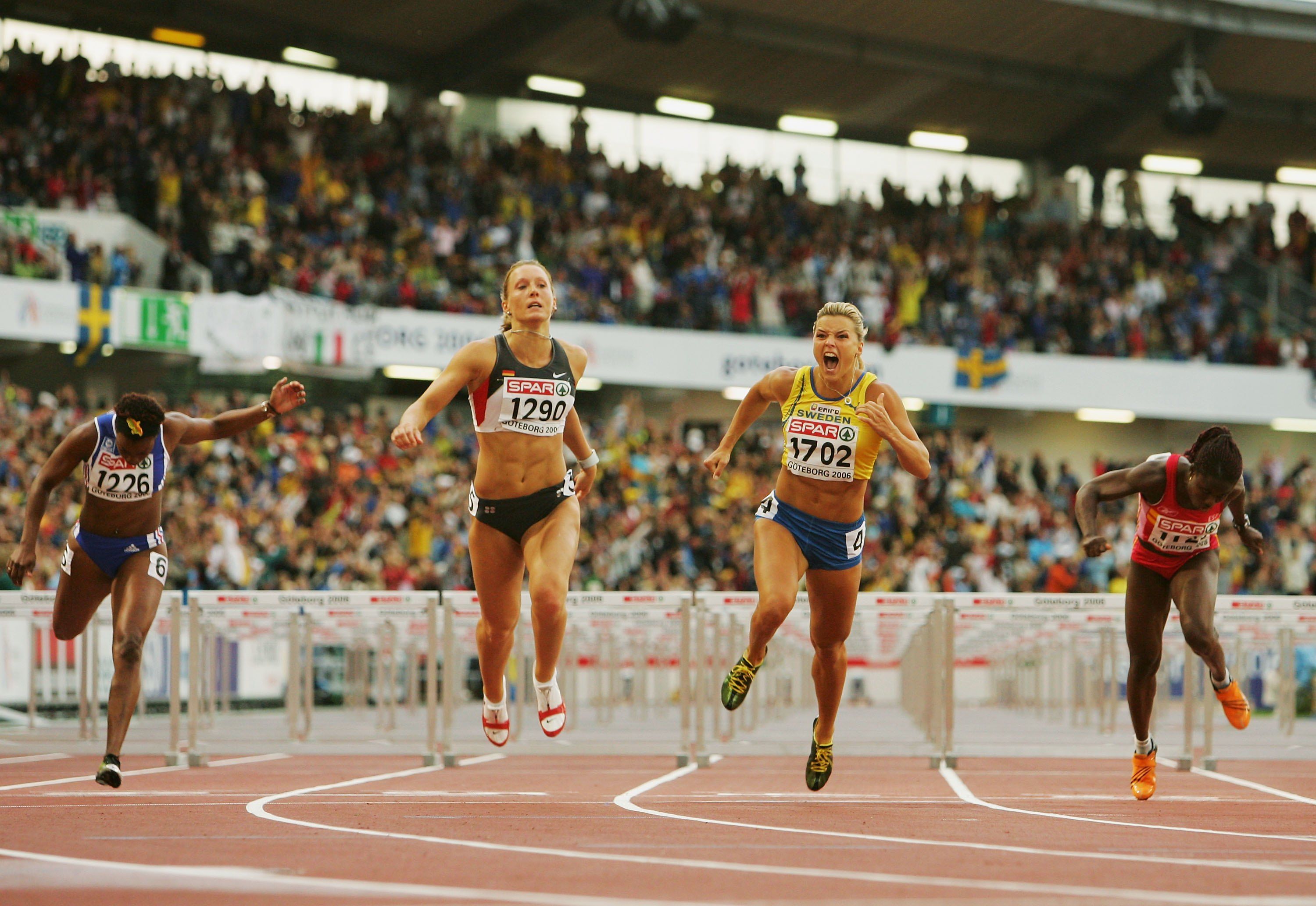 Susanna Kallur celebrates her European 100m hurdles win in Gothenburg in 2006