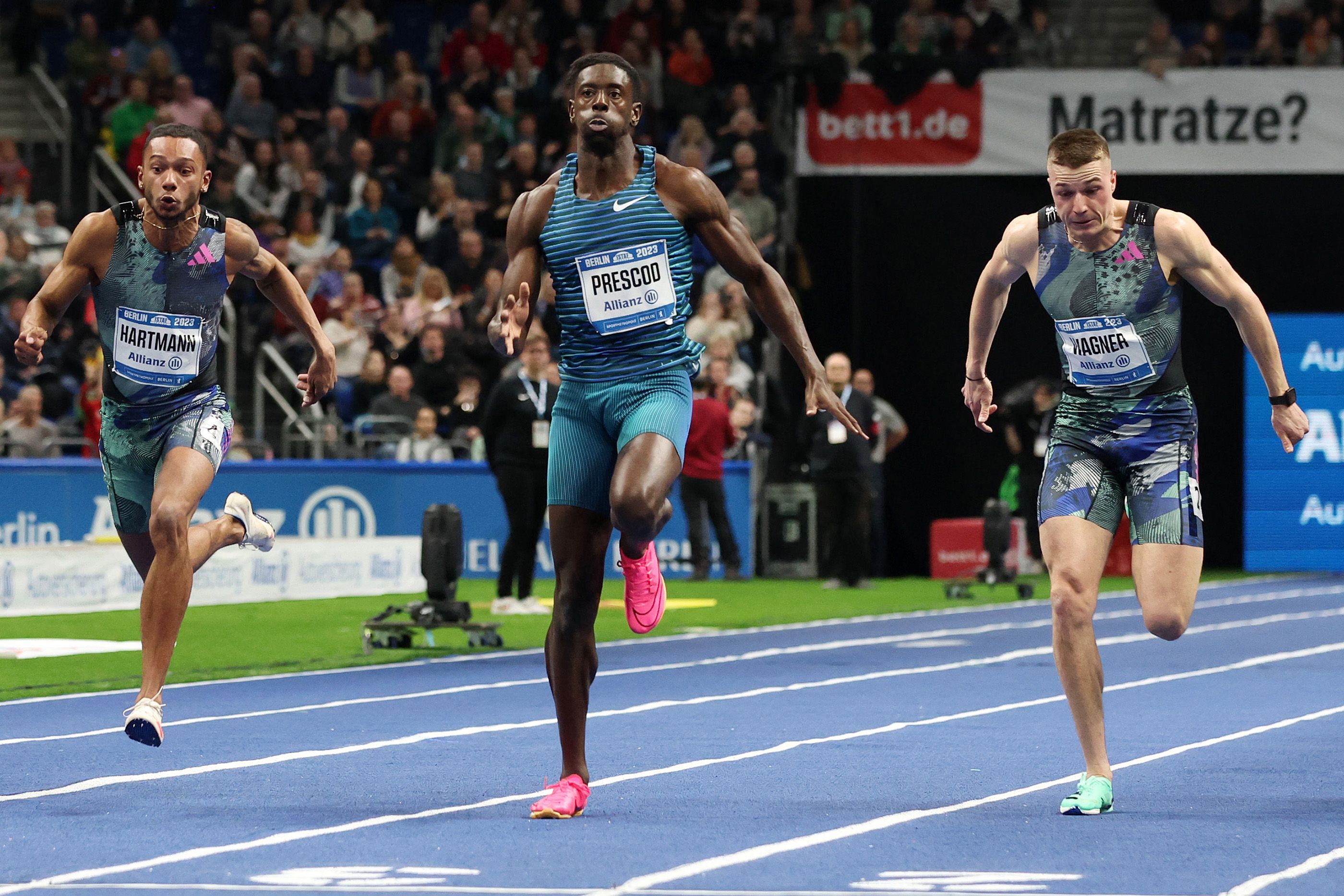 Reece Prescod on his way to a men's 60m meeting record at the ISTAF Indoor in Berlin