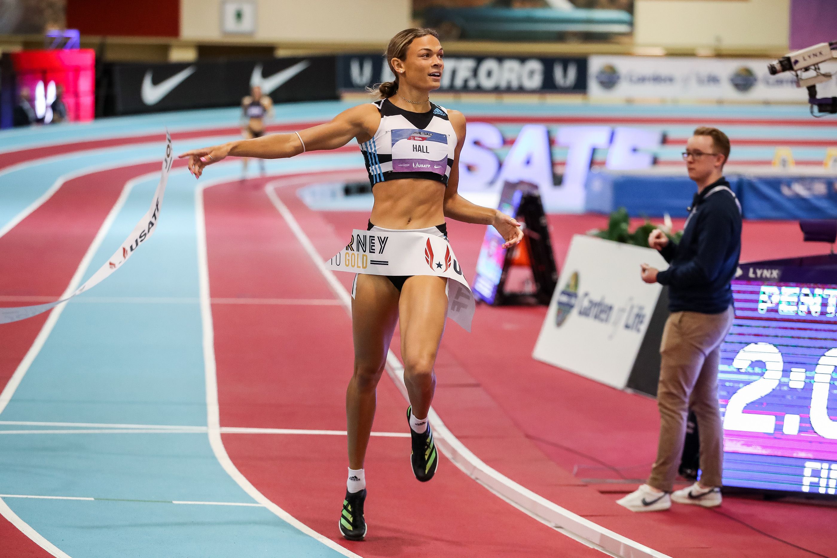 Anna Hall crosses the 800m finish line to break the area indoor pentathlon record at the US Indoor Championships