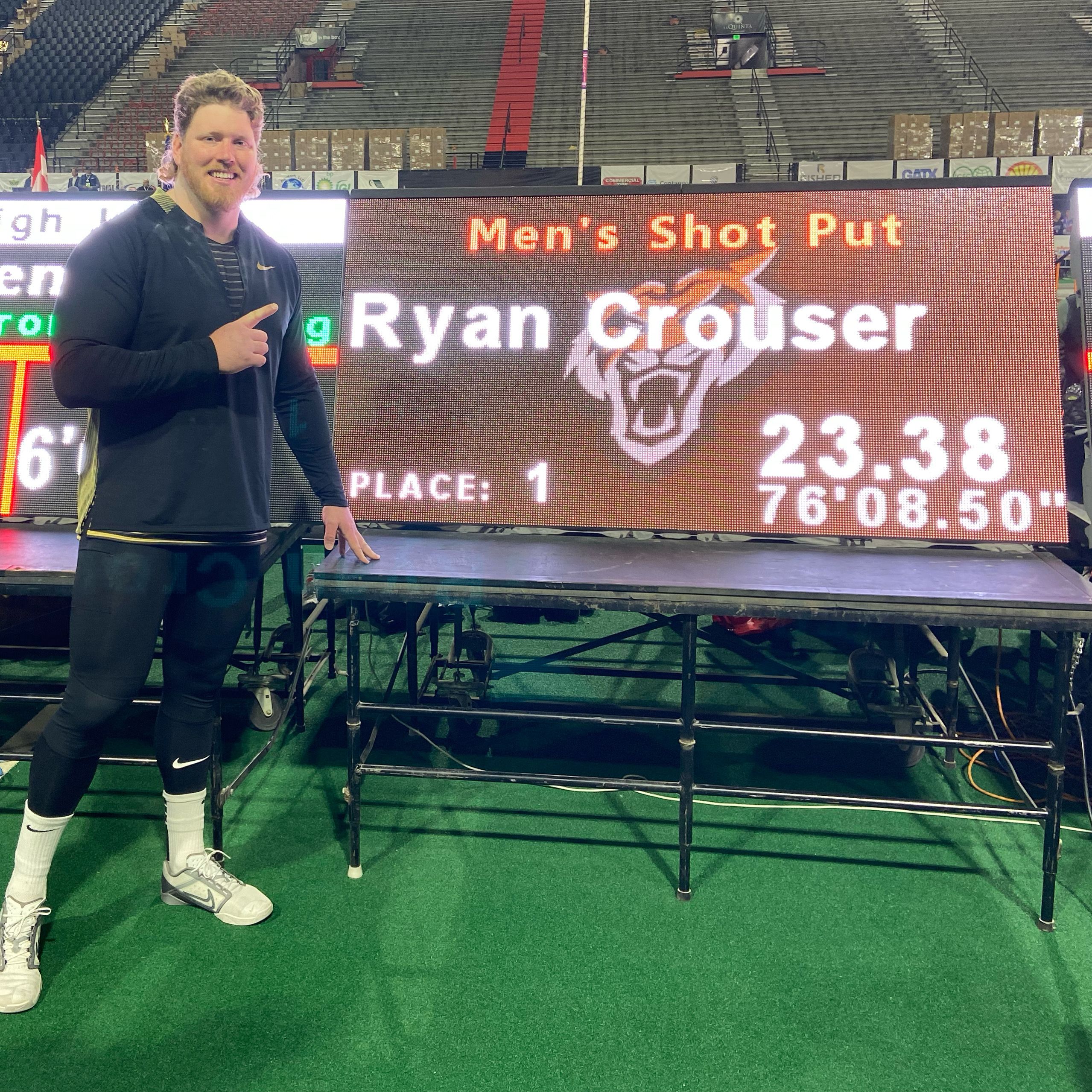 Ryan Crouser with his world record figures at the Simplot Games