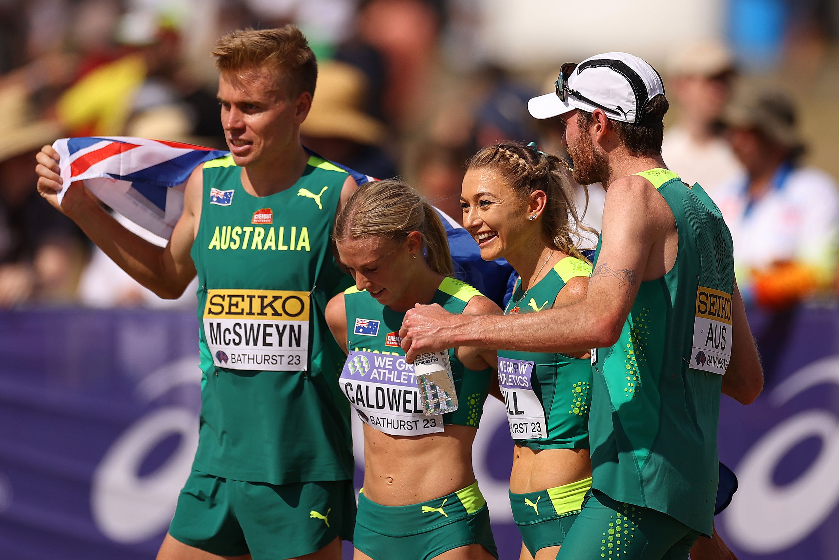 Stewart McSweyn, Abbey Caldwell, Jessica Hull and Oliver Hoare at the World Cross Country Championships in Bathurst