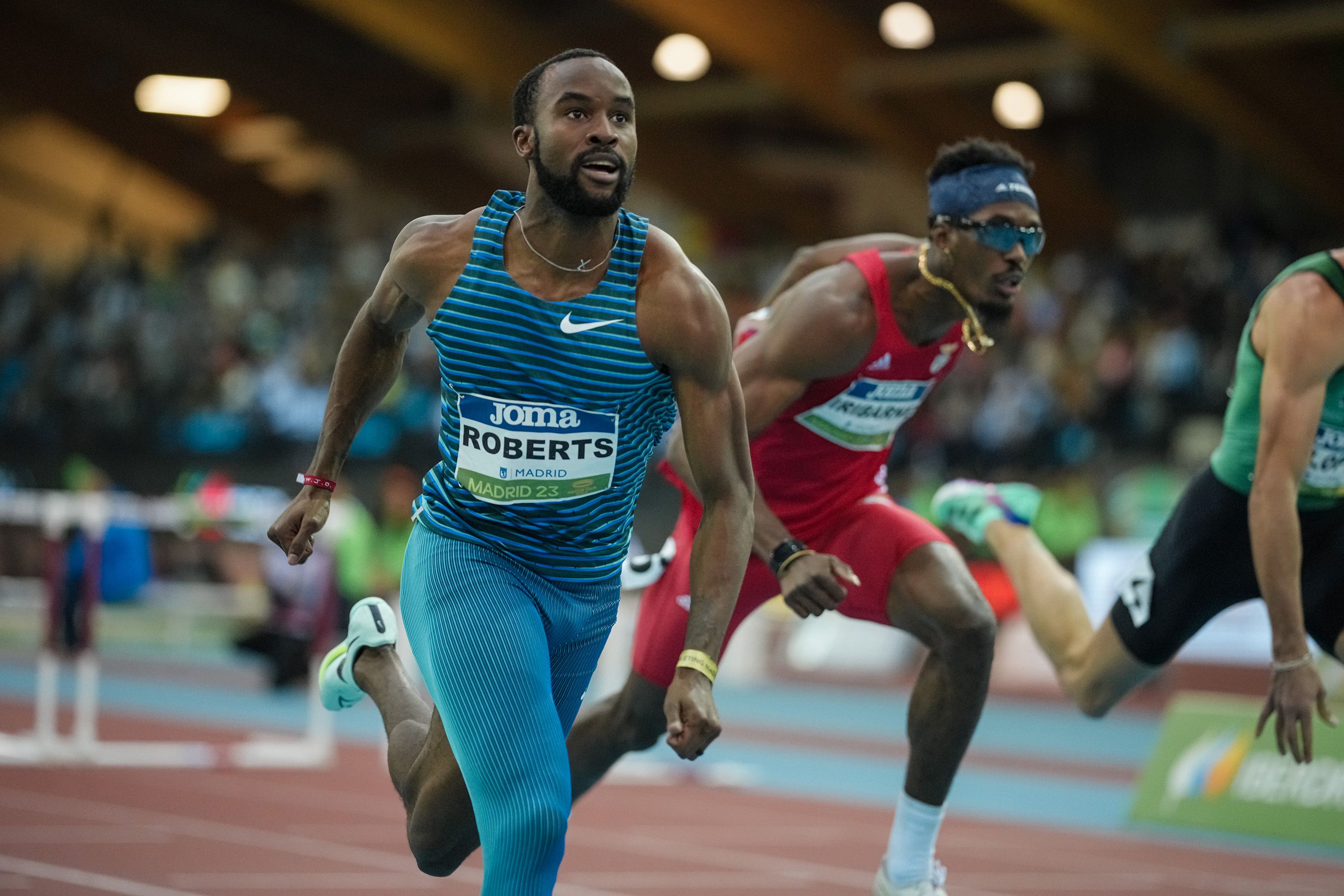 Daniel Roberts wins the 60m hurdles at the World Indoor Tour Gold meeting in Madrid