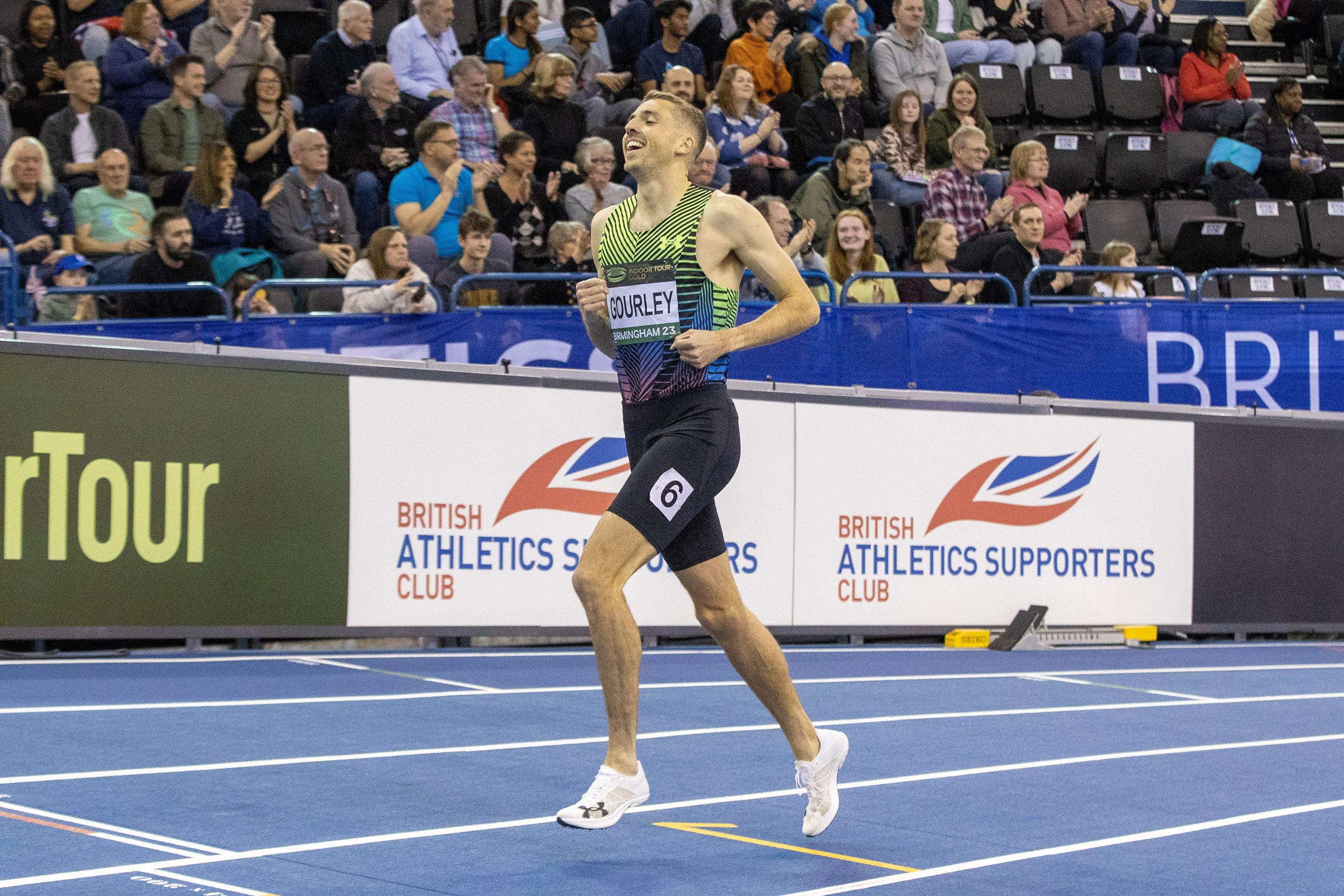 Neil Gourley celebrates his 1500m win in Birmingham