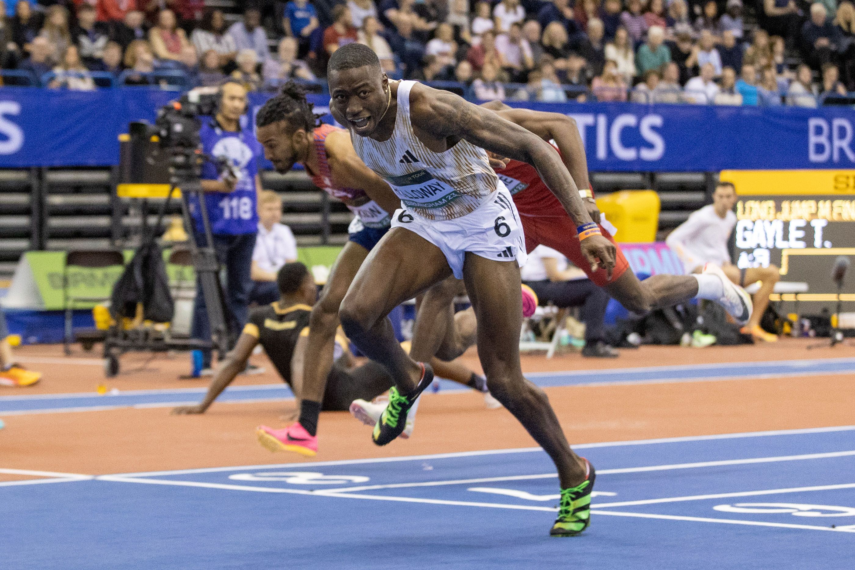 Grant Holloway wins the 60m hurdles in Birmingham