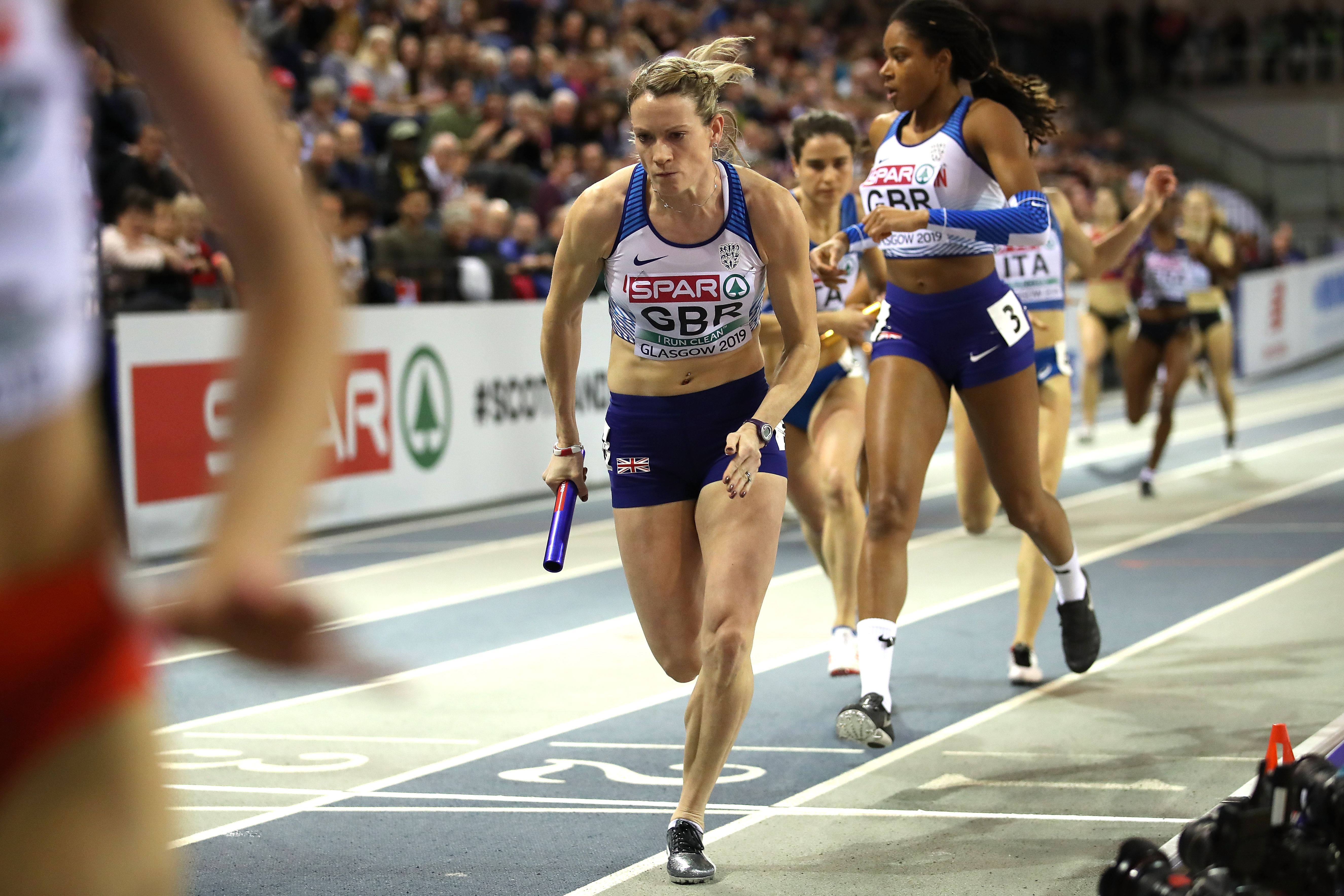 Eilidh Doyle in the 4x400m at the 2019 European Indoor Championships