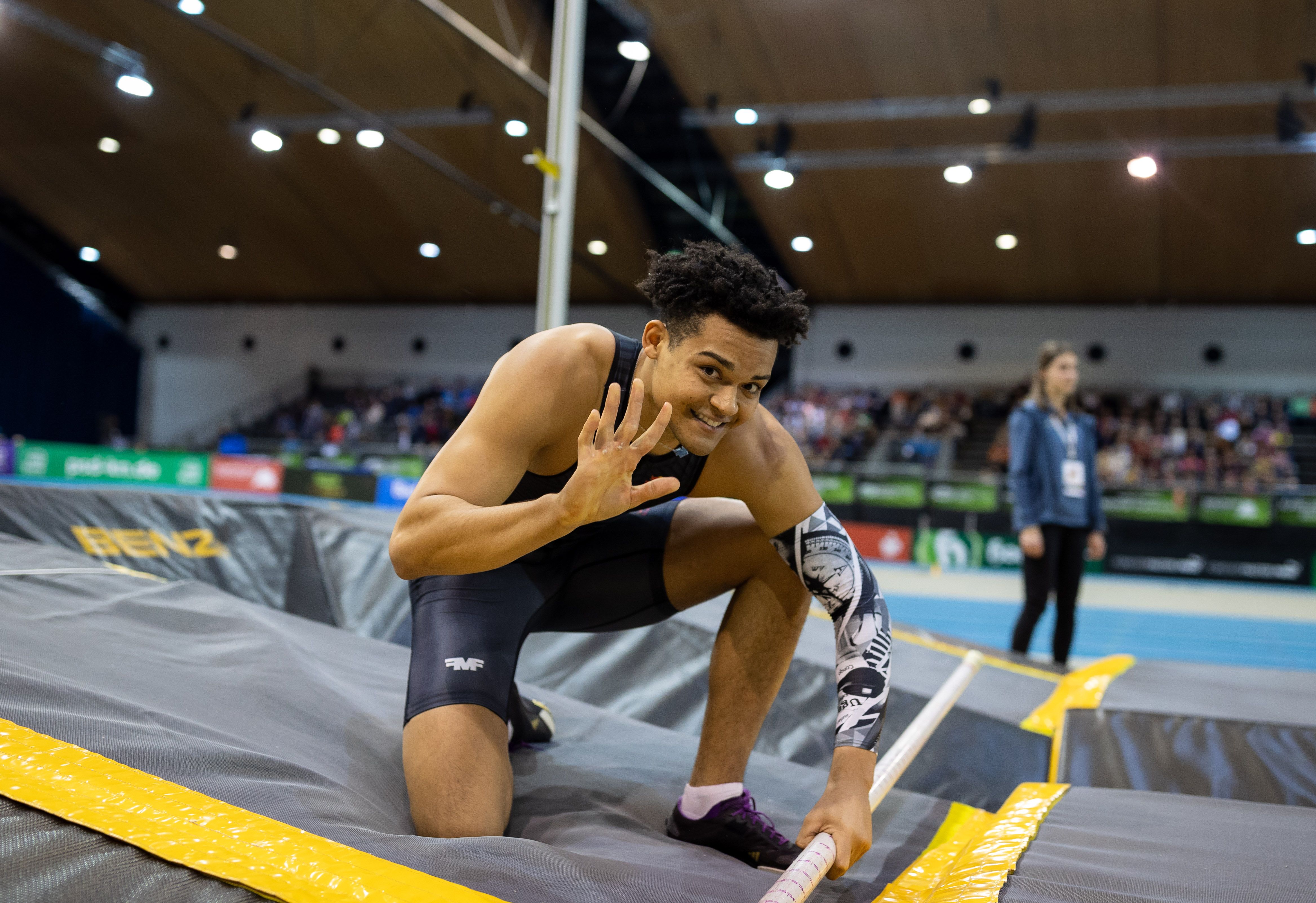 Emmanouil Karalis competes in the pole vault at the Indoor Meeting Karlsruhe