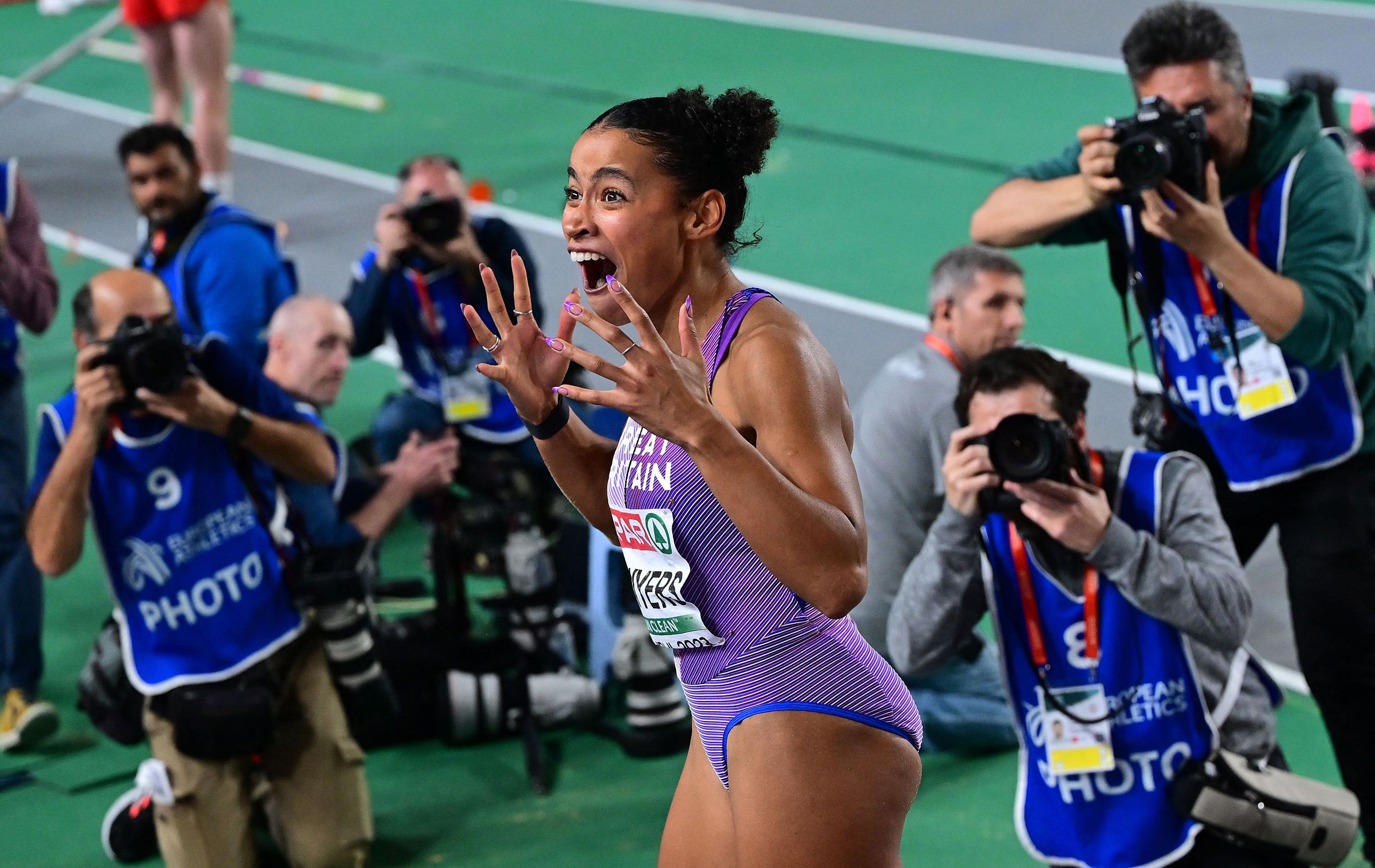 Jazmin Sawyers celebrates her seven-metre leap to win the European indoor long jump title