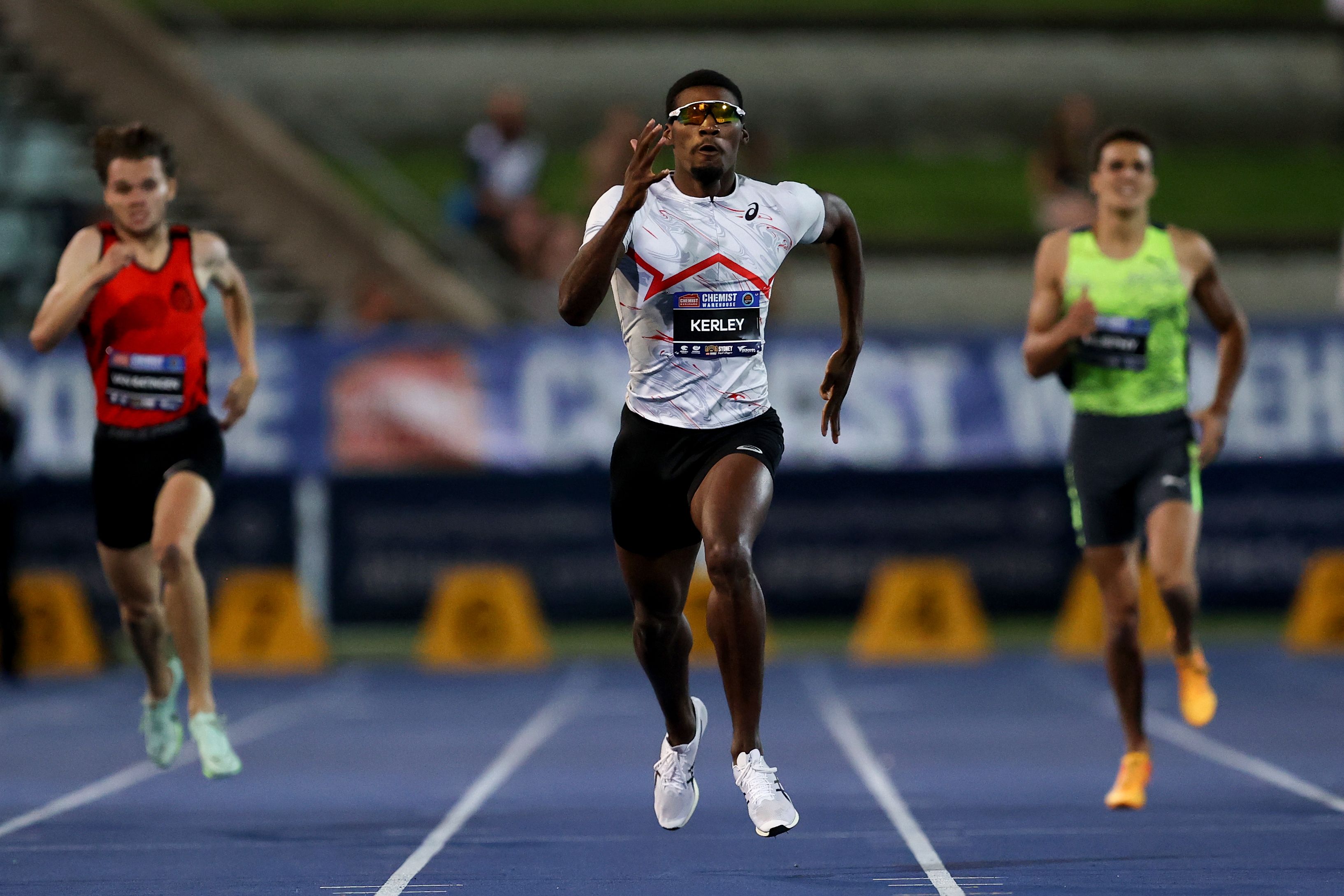 Fred Kerley on his way to a 400m win at the Sydney Track Classic