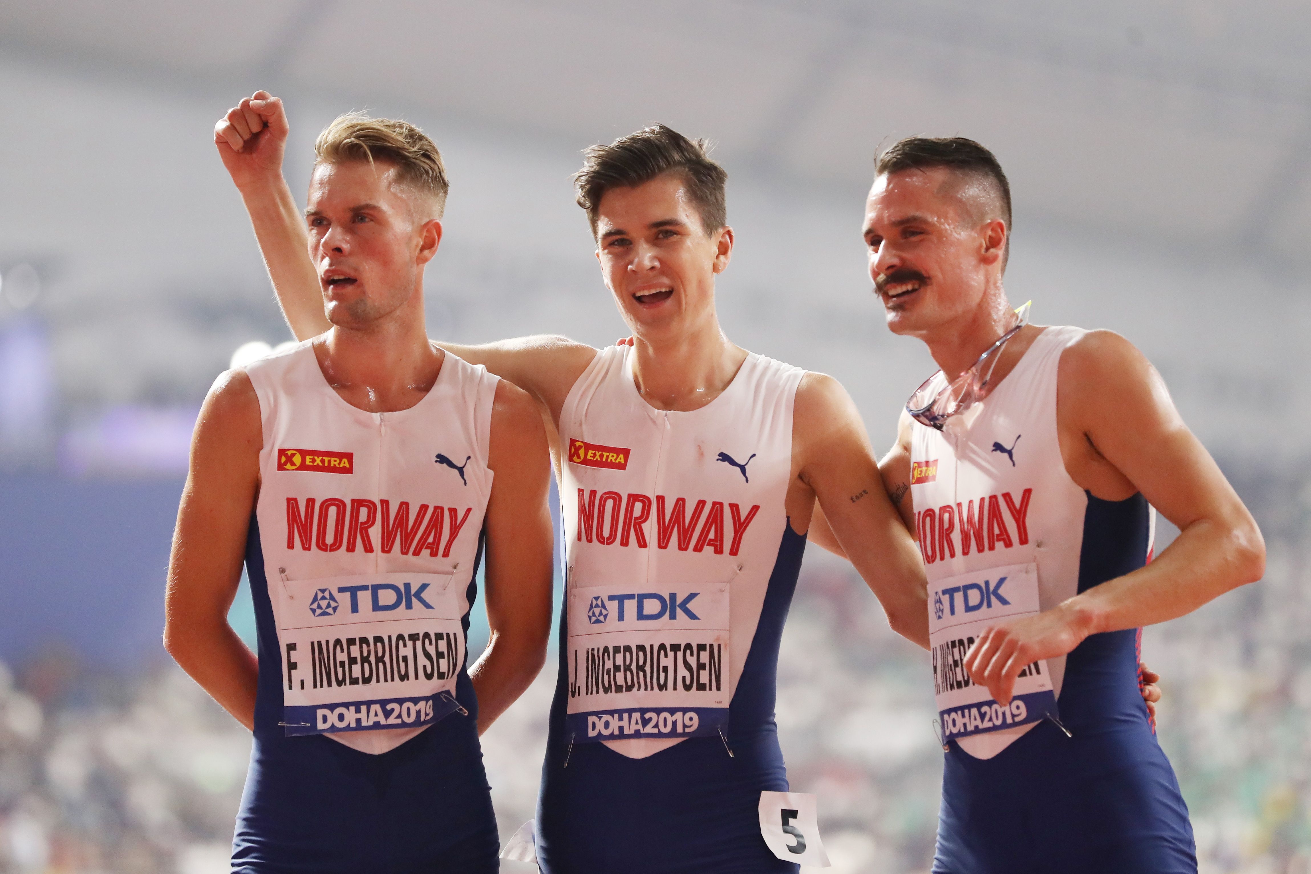 Filip, Jakob and Henrik Ingebrigtsen at the 2019 World Championships in Doha