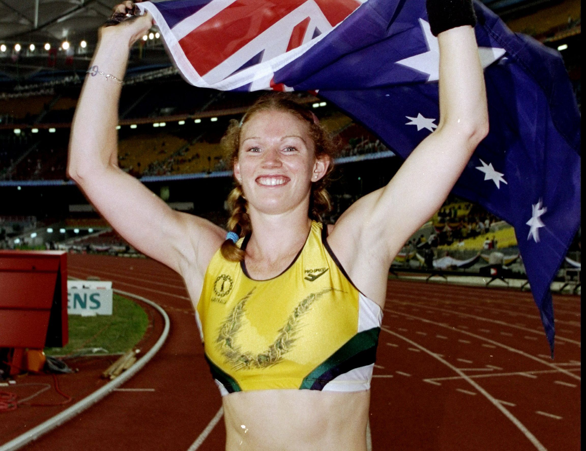 Emma George celebrates her 1998 Commonwealth Games victory