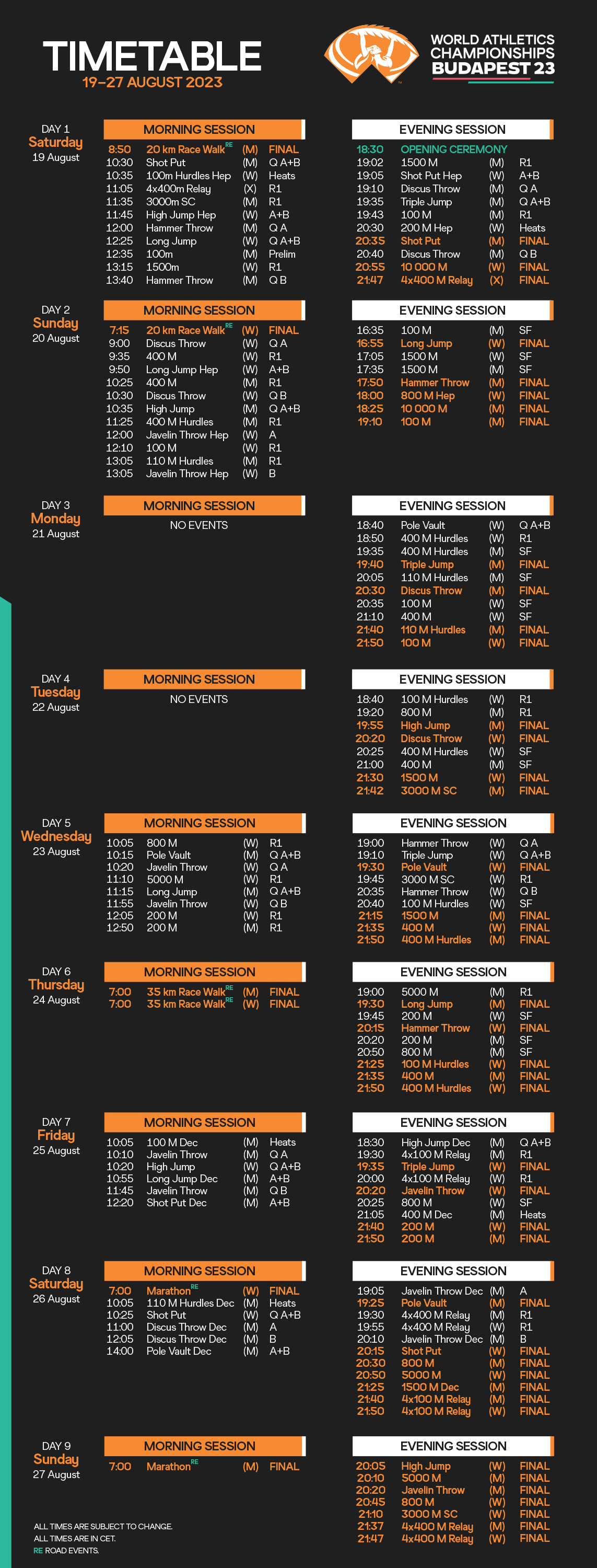 Budapest 2023 timetable
