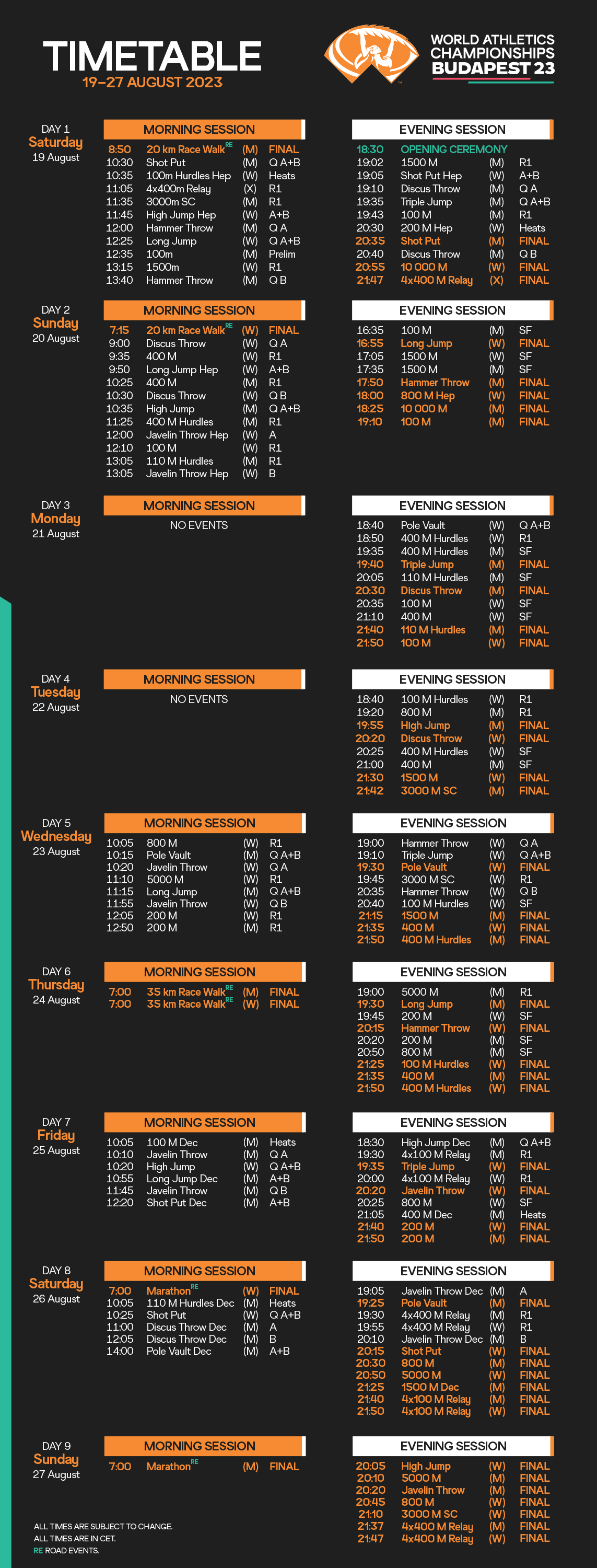Downloadable Timetable Budapest 23 World Athletics Championships