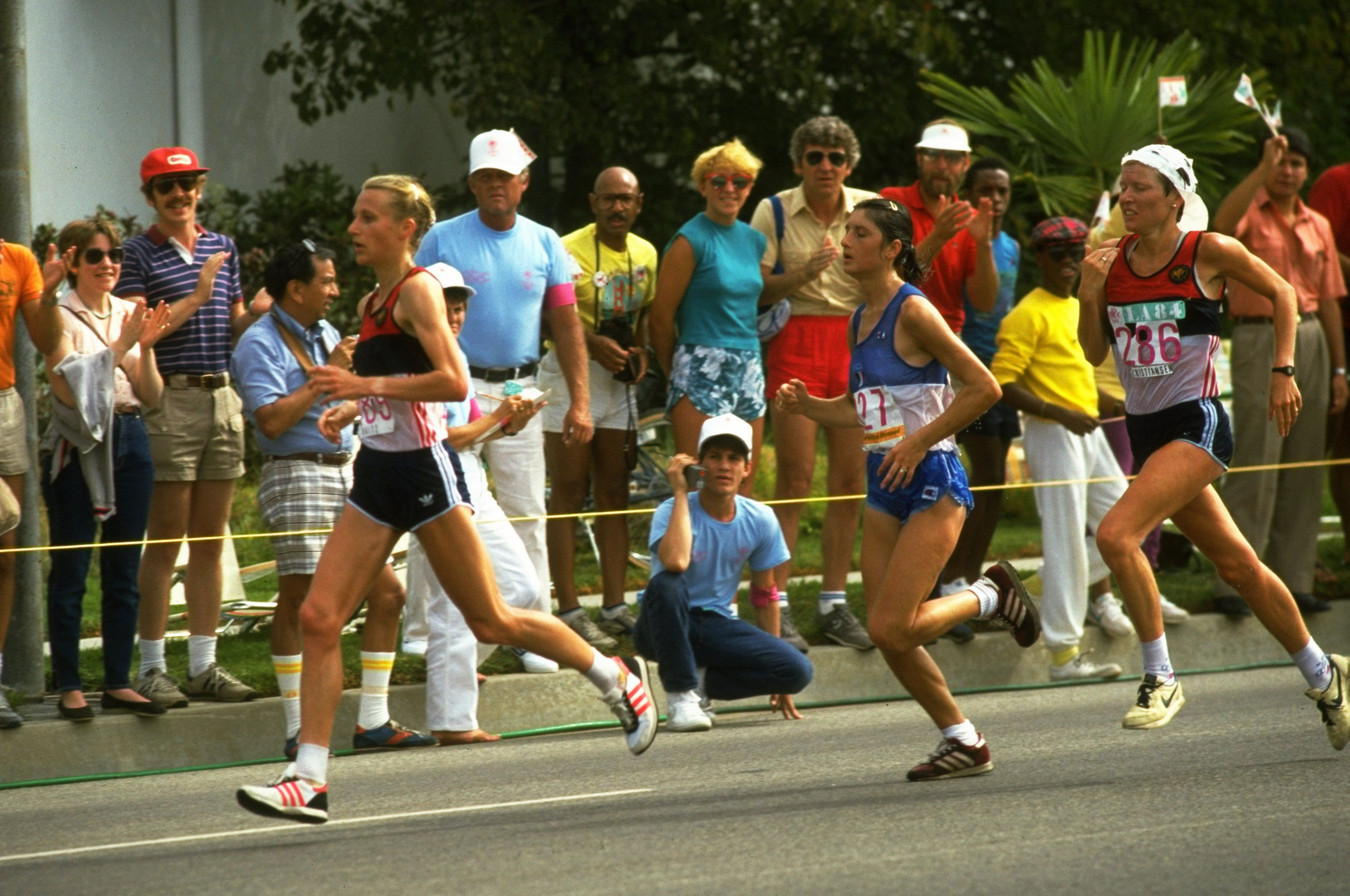 Grete Waitz leads from Laura Fogli and Ingrid Kristiansen during the 1984 Olympic marathon in Los Angeles