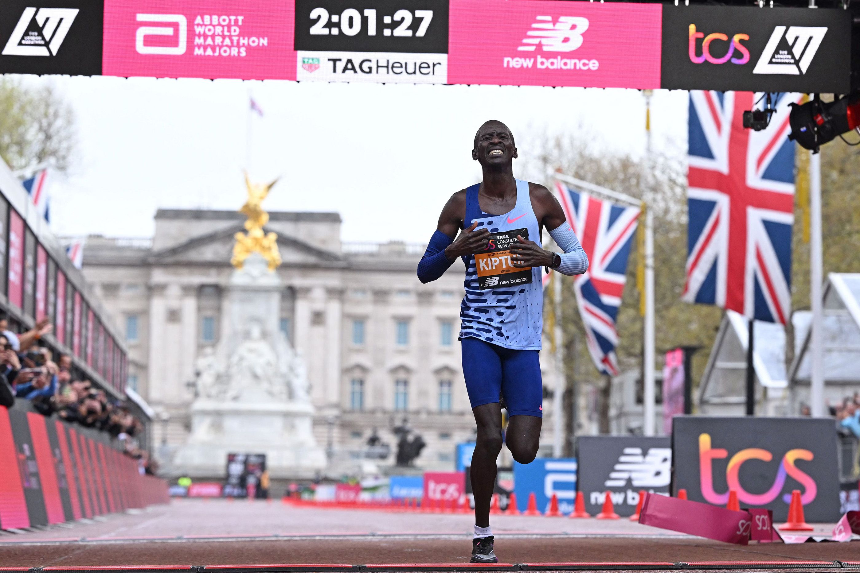 Kelvin Kiptum reacts after winning the London Marathon in 2:01:25