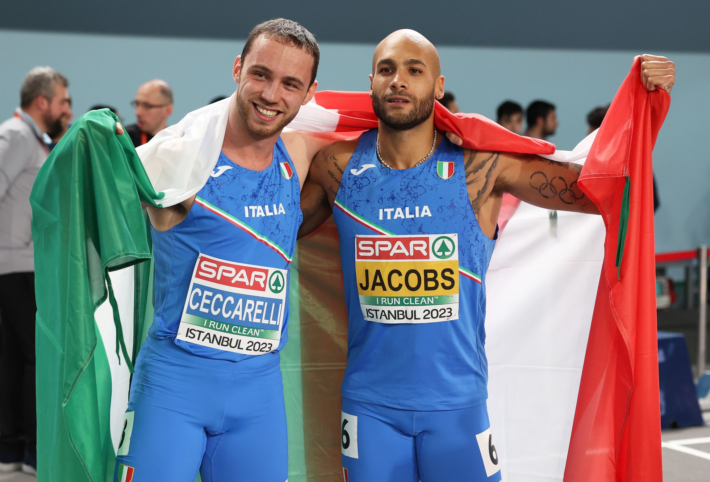 Samuele Ceccarelli and Marcell Jacobs at the European Indoor Championships