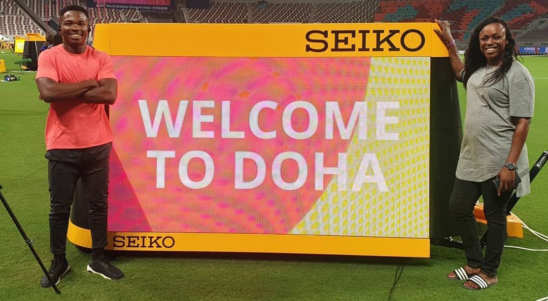 Usheoritse Itsekiri and coach Endurance Ojokolo-Akpeki at the 2019 World Championships in Doha